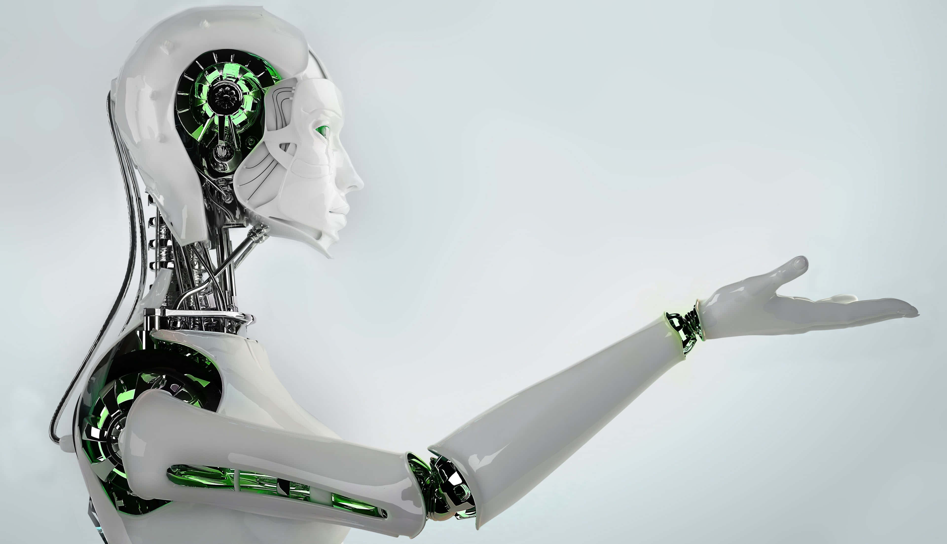 機器人 桌布 壁紙 — 一個時尚的白色人形機器人，帶有發光的綠色內部電路，在極簡的淺灰色背景前伸出手。