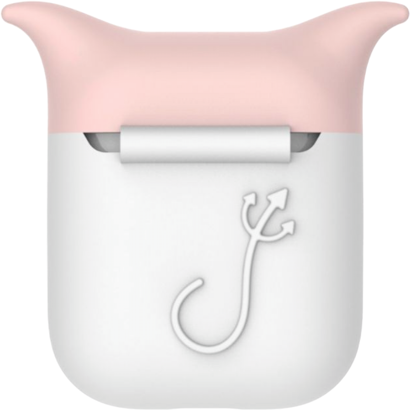 AirPods 桌布 壁紙 — 一個時尚的白色和粉紅色耳機盒，頂部有簡約的惡魔角設計，正面有風格化的三叉戟標誌。