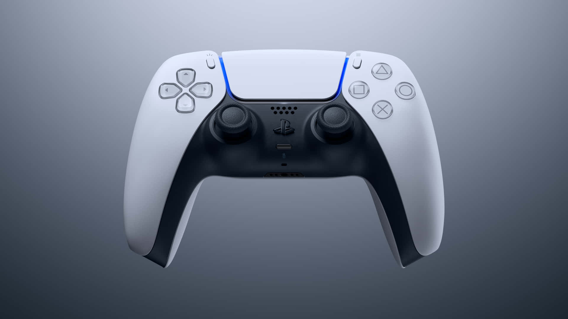 Ps5 桌布 壁紙 — 一個時尚的白色和黑色 PlayStation 5 DualSense 控制器，帶有發光的藍色燈光，懸浮在灰色漸變背景上。