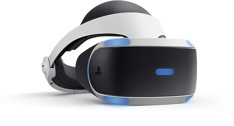 PlayStation 桌布 壁紙 — 一個時尚的白色和黑色PlayStation VR頭戴式裝置，帶有發光的藍色點綴，放置在黑色背景的反射表面上。
