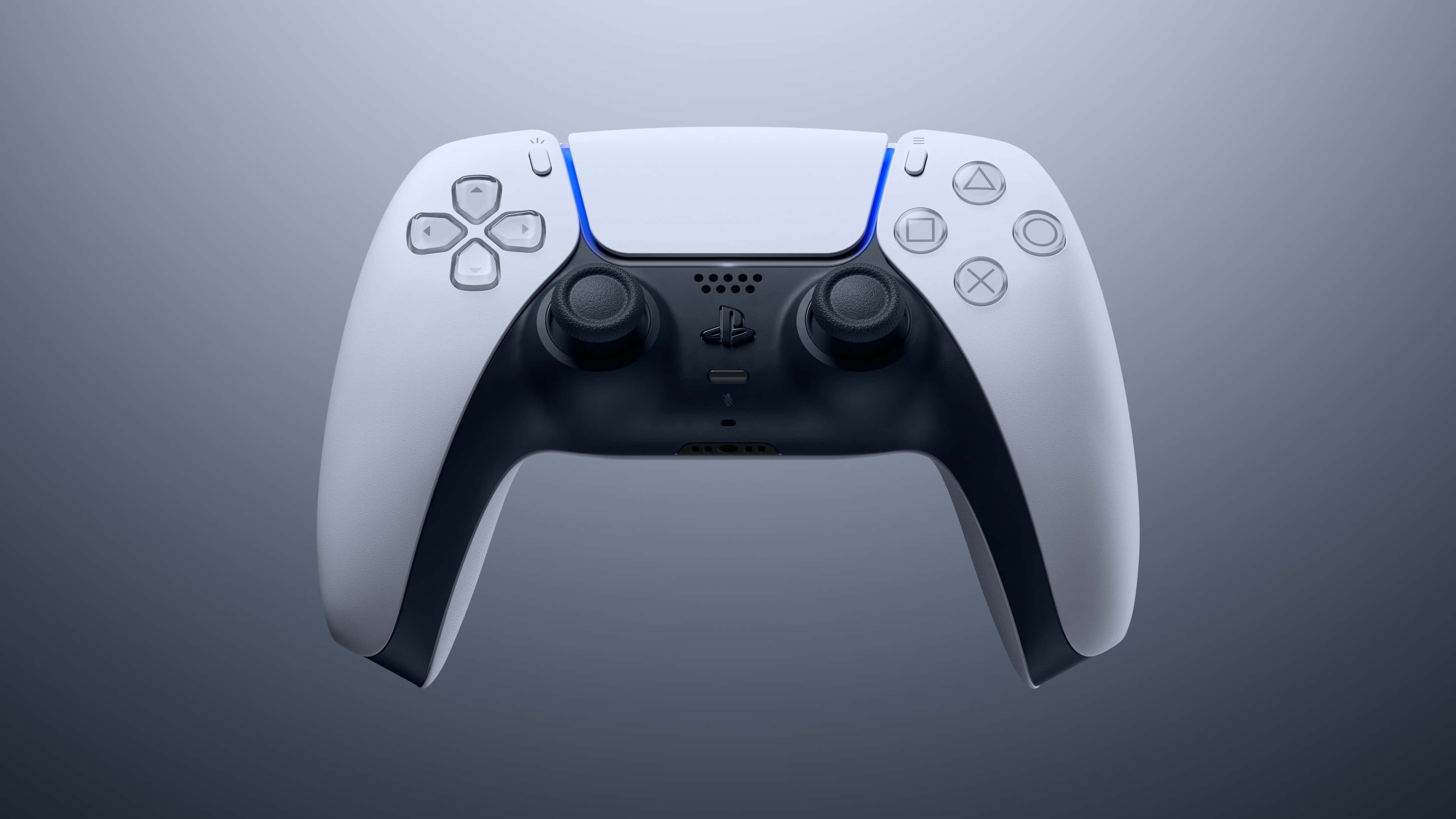 4K Gaming Consoles 桌布 壁紙 — 一個時尚的白色和黑色PlayStation 5 DualSense控制器漂浮在漸變灰色背景上，帶有發光的藍色點綴。