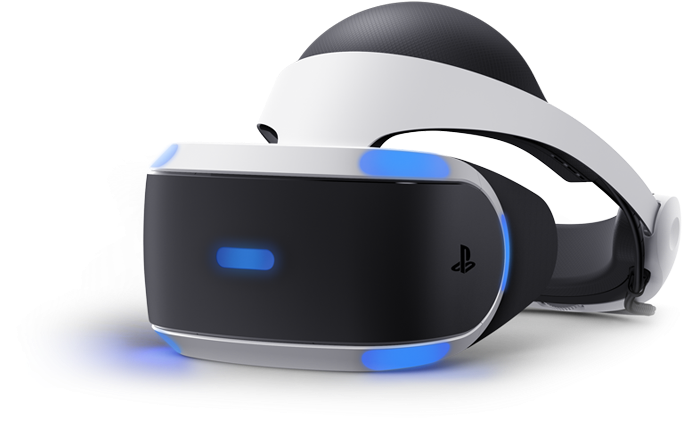 PlayStation 桌布 壁紙 — 一個時尚的白色和黑色PlayStation VR頭戴式裝置，帶有發光的藍色燈光，放置在柔軟的白色表面上。