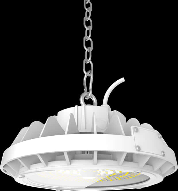 Chandelier 桌布 壁紙 — 一個時尚的白色工業LED燈具懸掛在金屬鏈上，背景為黑色。