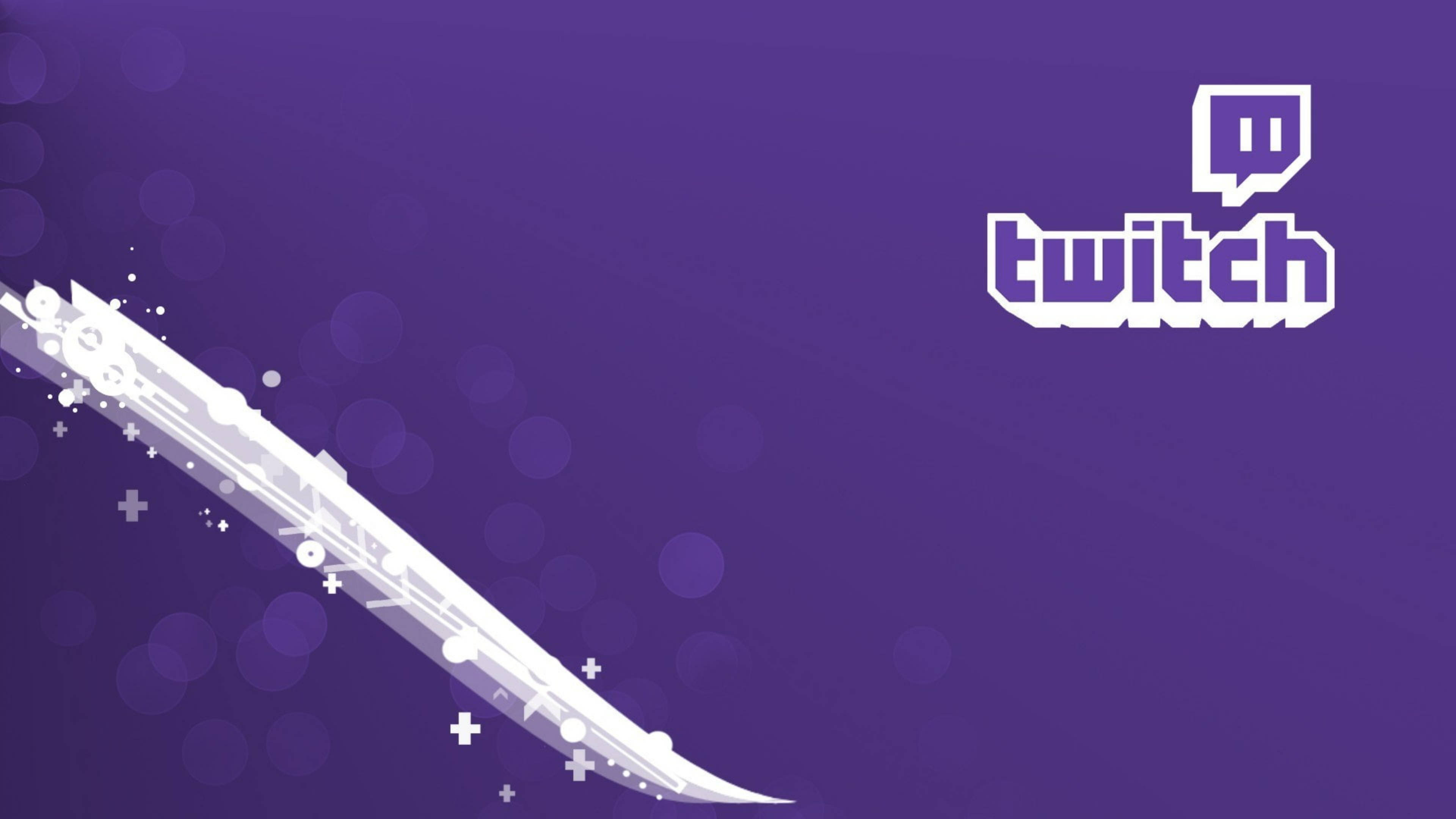 Twitch 桌布 壁紙 — 一個時尚的白色數位串流圖形對角線延伸在帶有散景效果和角落Twitch標誌的漸變紫色背景上。