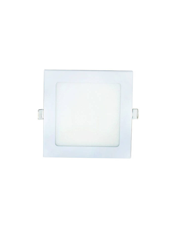 Square 桌布 壁紙 — 一個時尚的白色方形嵌入式LED燈具，帶有金屬夾，置於純白色背景上。