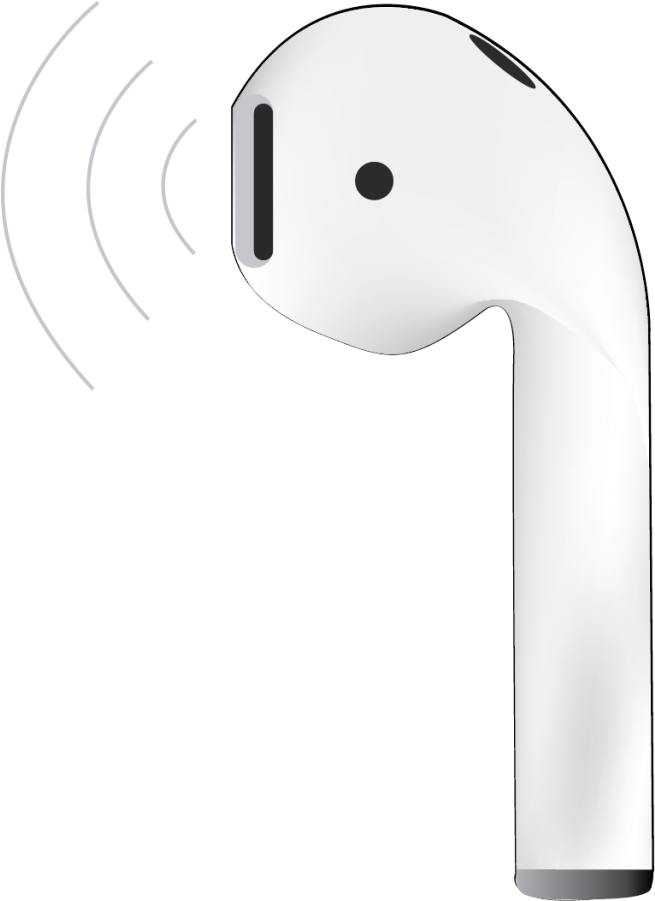 AirPods 桌布 壁紙 — 一個時尚的白色無線耳塞，在黑色背景上繪有聲波。