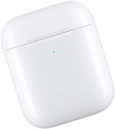 AirPods 桌布 壁紙 — 一個時尚的白色無線耳機充電盒，帶有發光的綠色指示燈，背景透明。