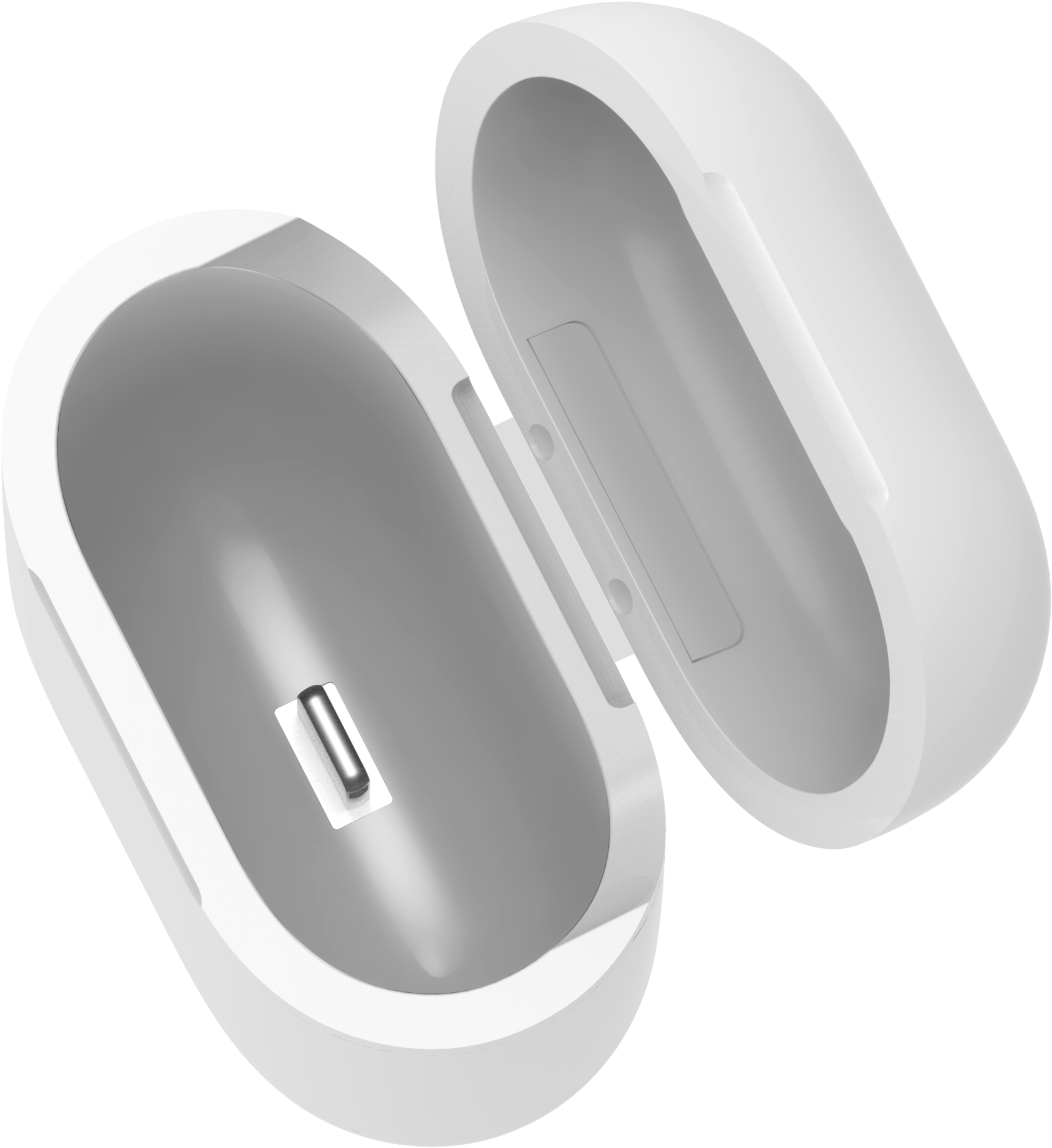 AirPods 桌布 壁紙 — 一個時尚的白色無線耳機充電盒在黑色背景上打開，露出裡面的一個耳機。