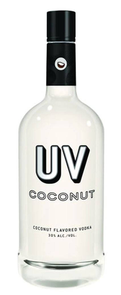 alcohol 桌布 壁紙 — 一個時尚的白色瓶子，裝有UV椰子味伏特加，帶有粗體黑色字樣和黑色瓶蓋，立在純淨的白色背景上。