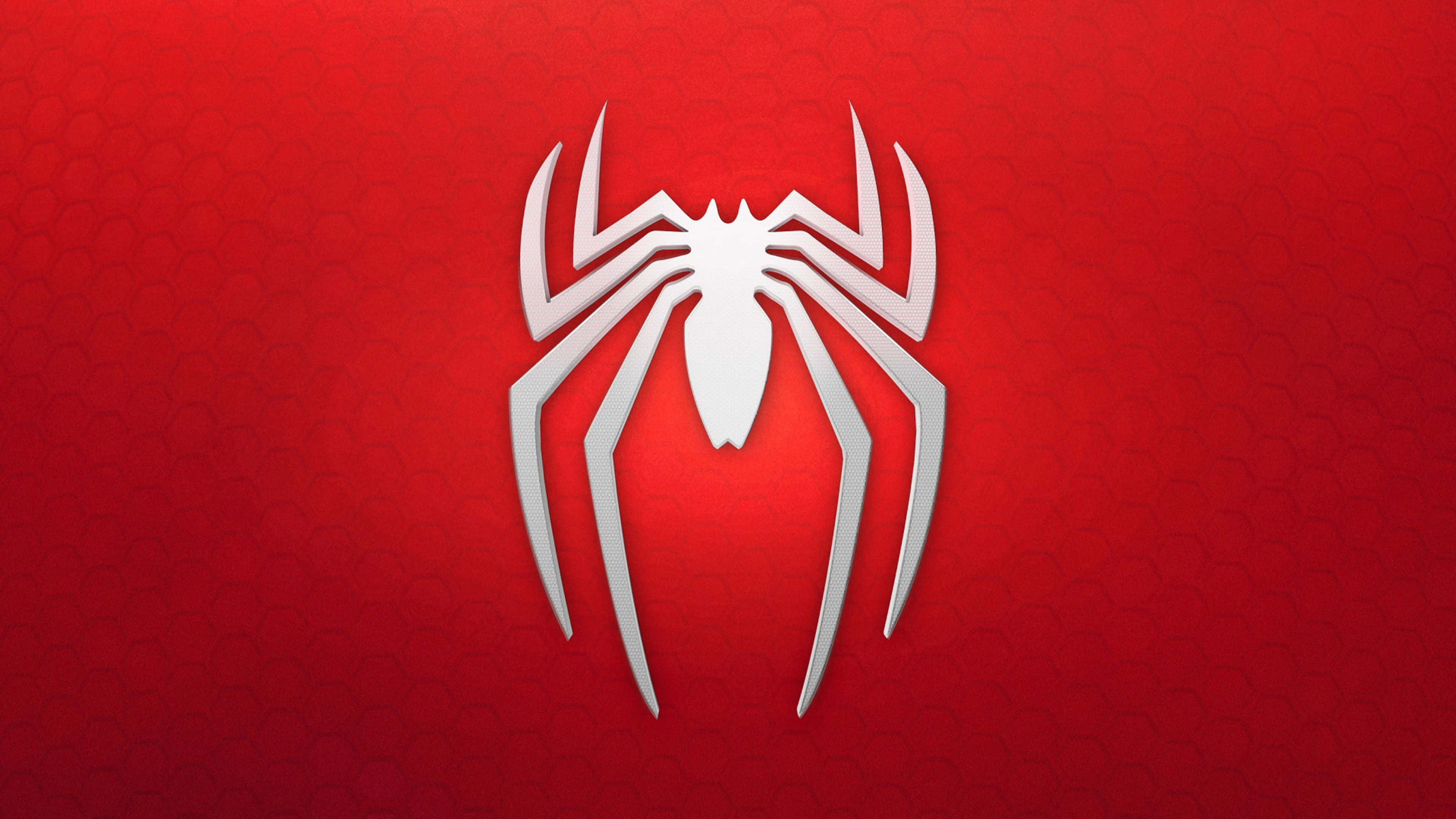 Spider Man Ps4 Logo 桌布 壁紙 — 一個時尚的白色蜘蛛標誌居中於豐富的紅色六邊形紋理背景上。