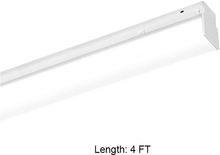 LED 桌布 壁紙 — 一個時尚的白色螢光燈具，傾斜放置在黑色背景上，並附有標示其長度的文字。