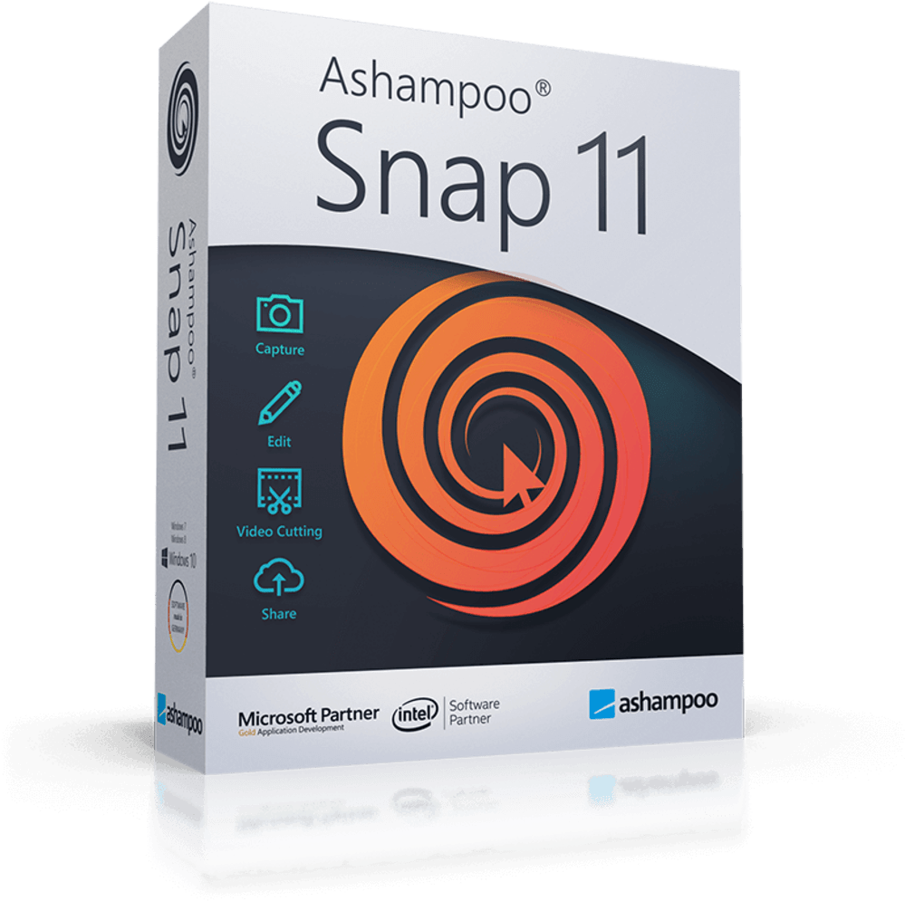 Snapchat 桌布 壁紙 — 一個時尚的白色軟體盒，用於 Ashampoo Snap 11，帶有橙色螺旋標誌和用於擷取、編輯、影片剪輯和分享的圖標。
