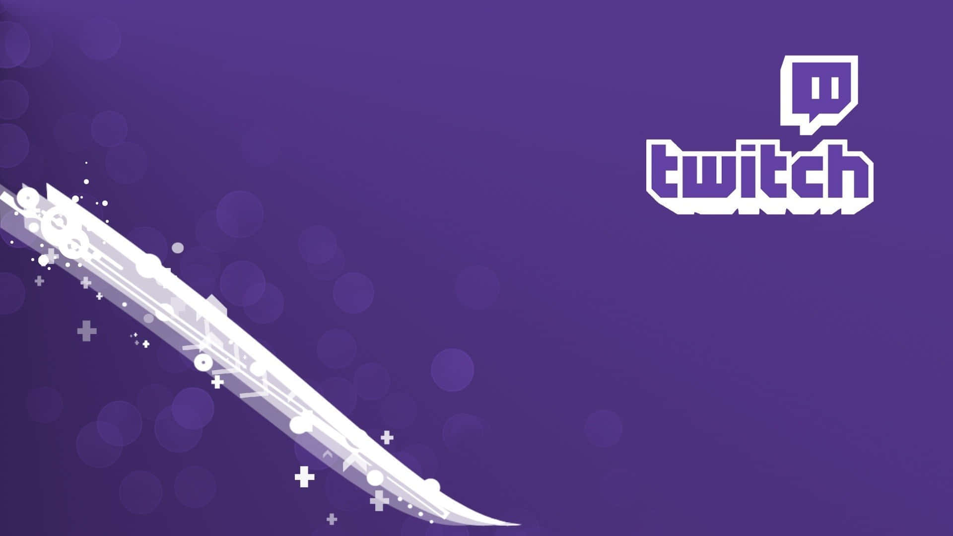 Twitch 桌布 壁紙 — 一個時尚的白色風格化串流麥克風斜向劃過深紫色背景，帶有散景圓圈和角落的 Twitch 標誌。