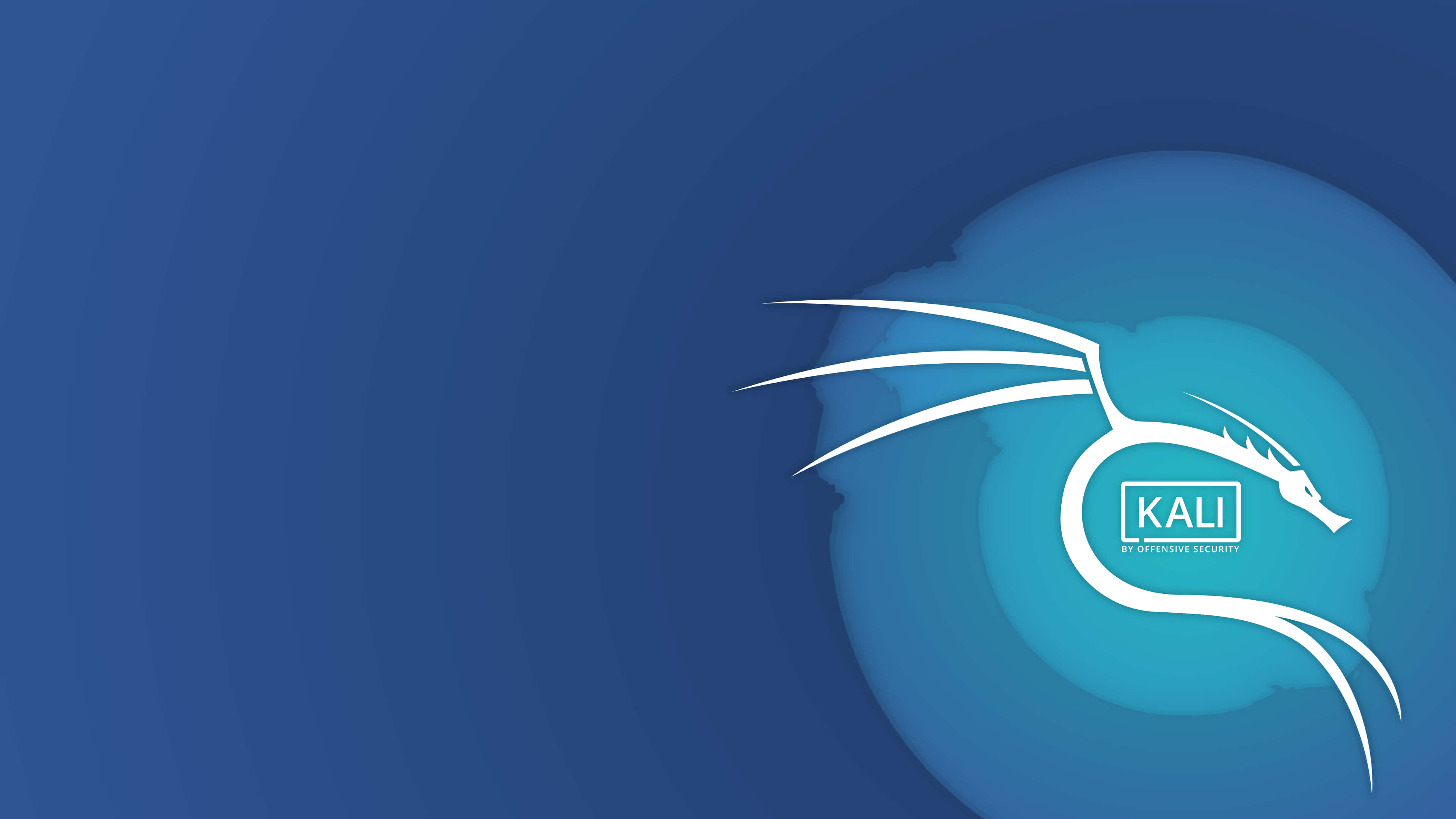 Kali Linux 桌布 壁紙 — 一個時尚的白色龍標誌，用於Kali Linux，優雅地環繞著發光的藍色球體，背景為漸變藍色。
