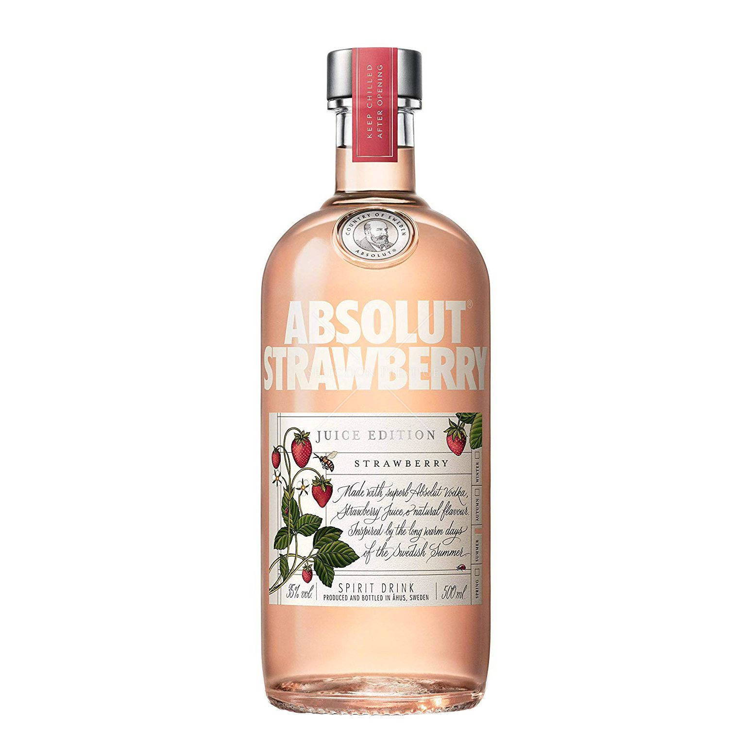 bottle 桌布 壁紙 — 一個時尚的粉紅色Absolut Strawberry伏特加酒瓶，帶有草莓插圖和紅色封條，背景為乾淨的白色。