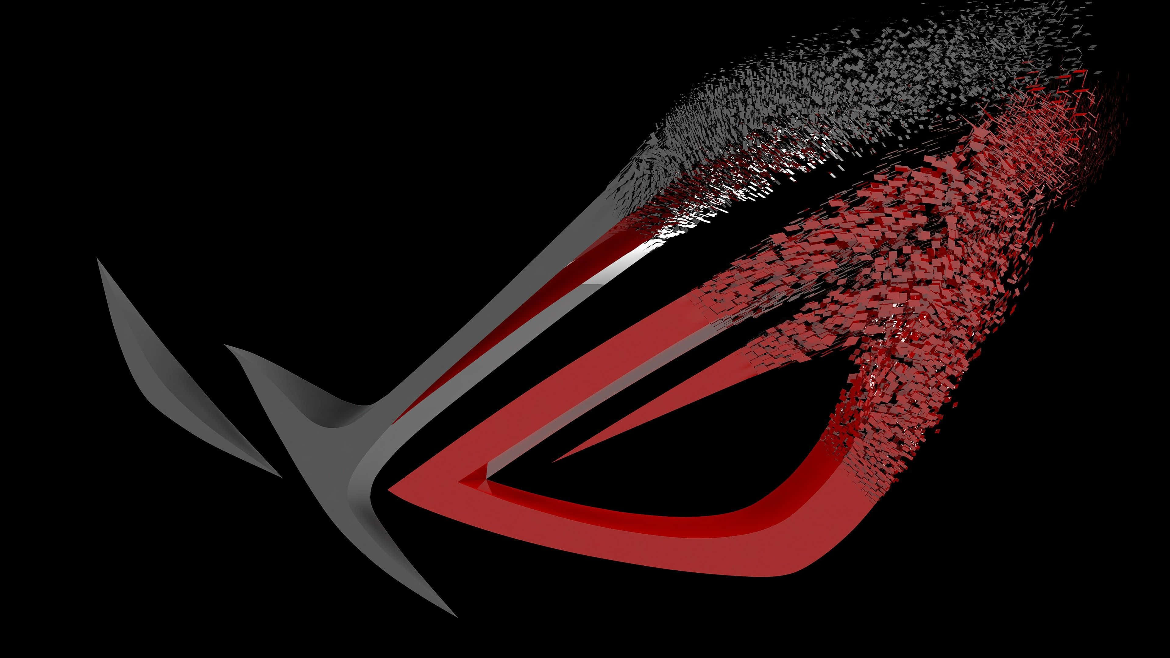 nvidia 桌布 壁紙 — 一個時尚的紅色和銀色 ROG 標誌在黑色背景上分解成像素化粒子。