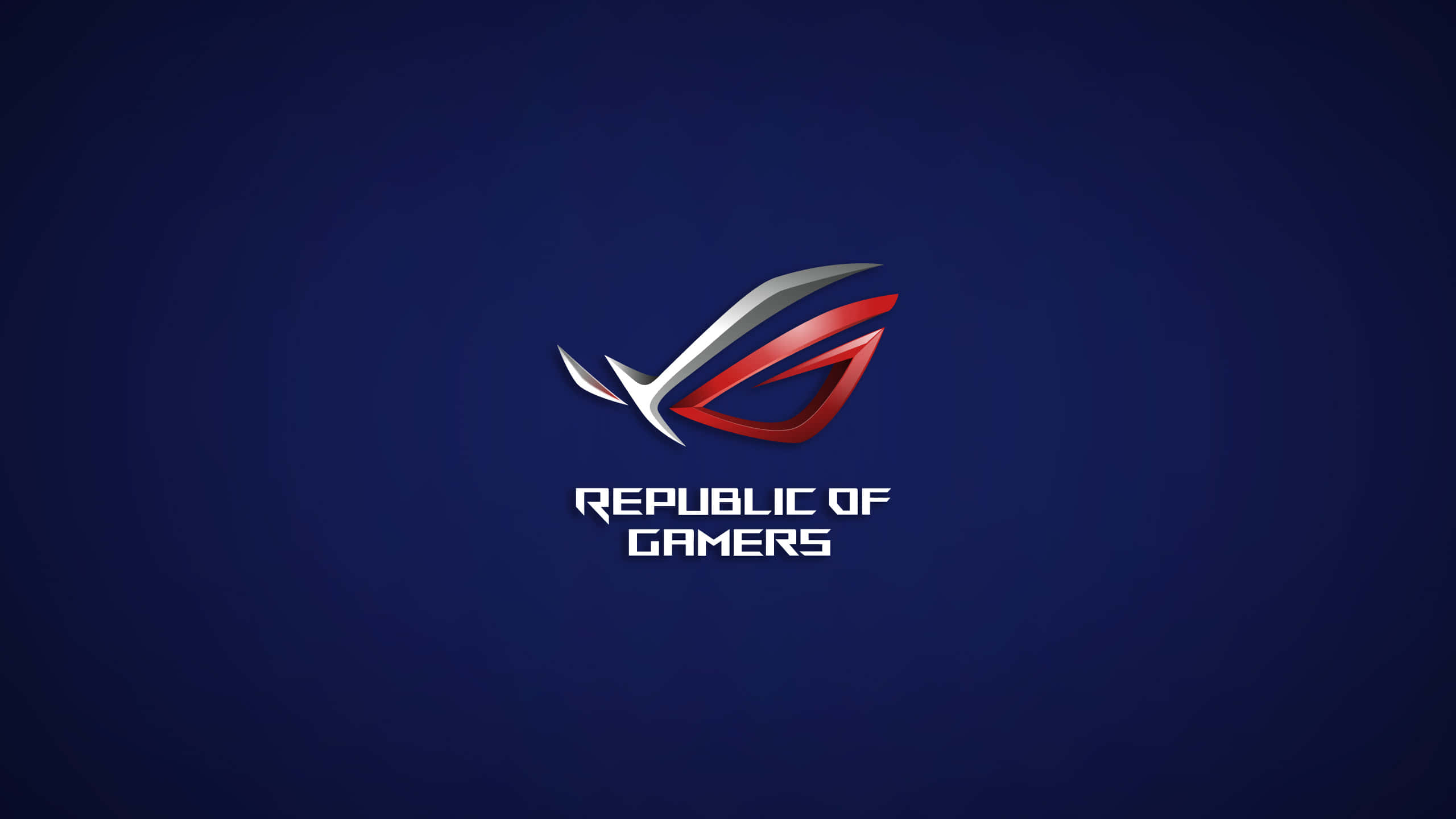玩家共和國 桌布 壁紙 — 一個時尚的紅銀色 ROG 標誌置於深藍色漸變背景中央，下方有 'Republic of Gamers' 文字。