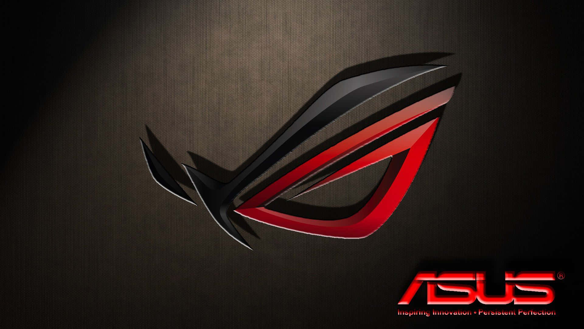 ASUS 桌布 壁紙 — 一個時尚的紅黑色 ROG 眼睛標誌在深色紋理背景上發光，下方有 ASUS 品牌標誌。