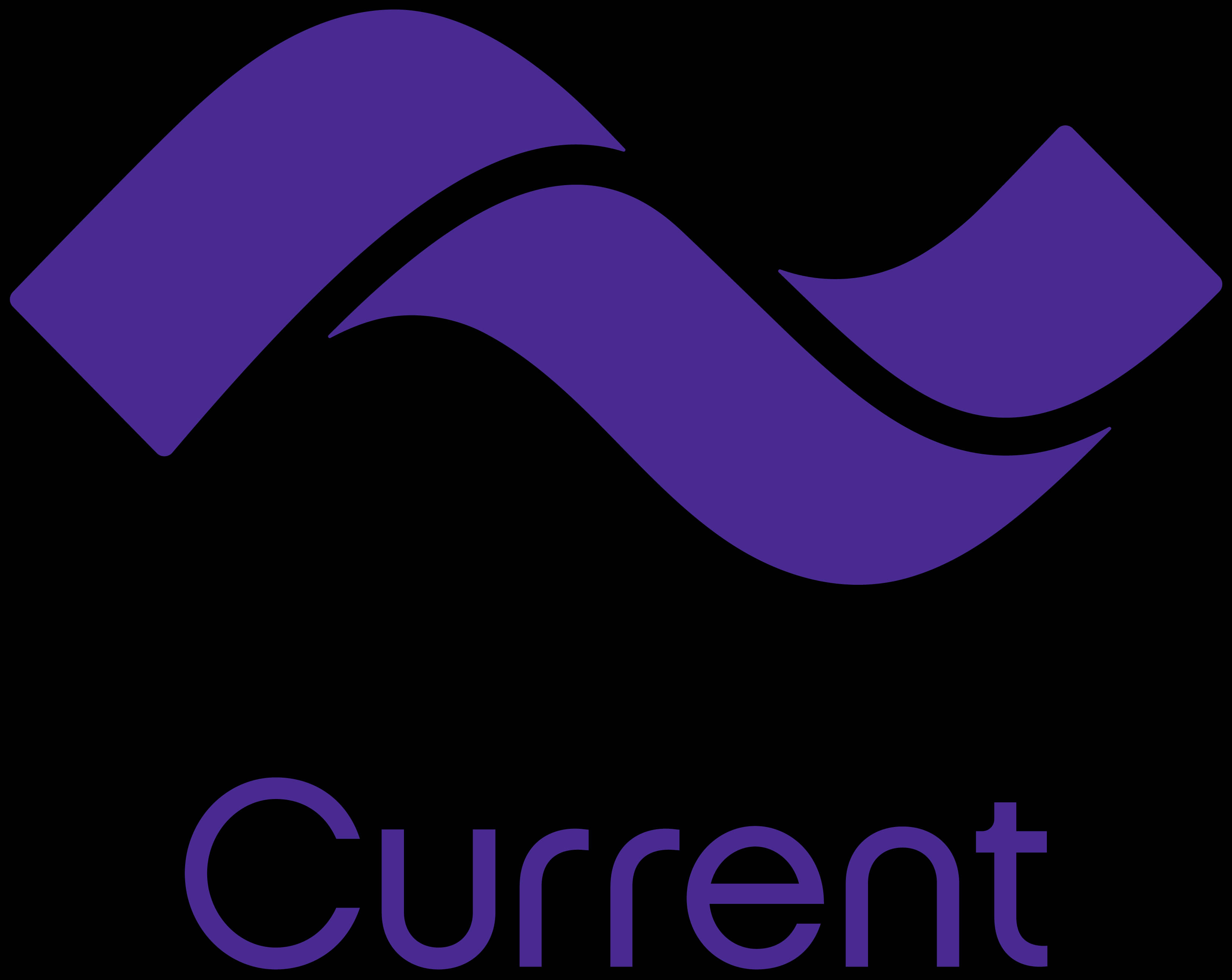 標誌 桌布 壁紙 — 一個時尚的紫色波浪標誌，配上匹配字體的「Current」字樣，置於純黑色背景上。