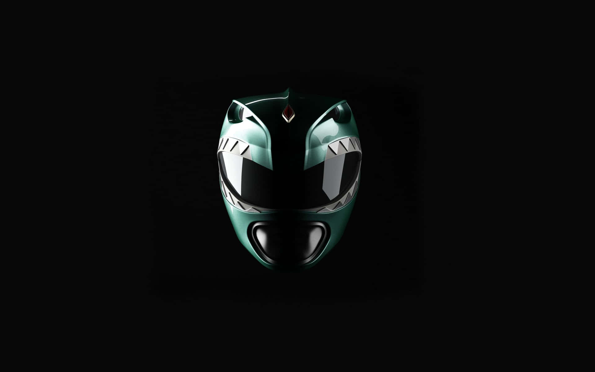 金剛戰士 桌布 壁紙 — 一個時尚的綠色Power Ranger頭盔在漆黑背景上以戲劇性燈光發光。