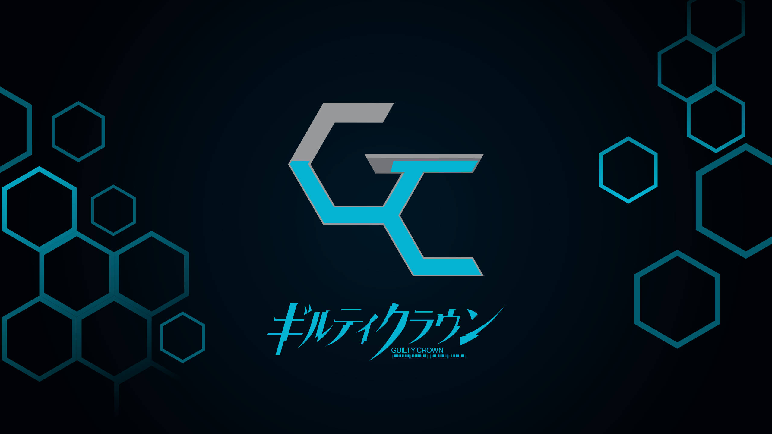 guilty 桌布 壁紙 — 一個時尚的藍灰色「GC」標誌，帶有日文字，在裝飾著發光六邊形的黑暗背景上發光。