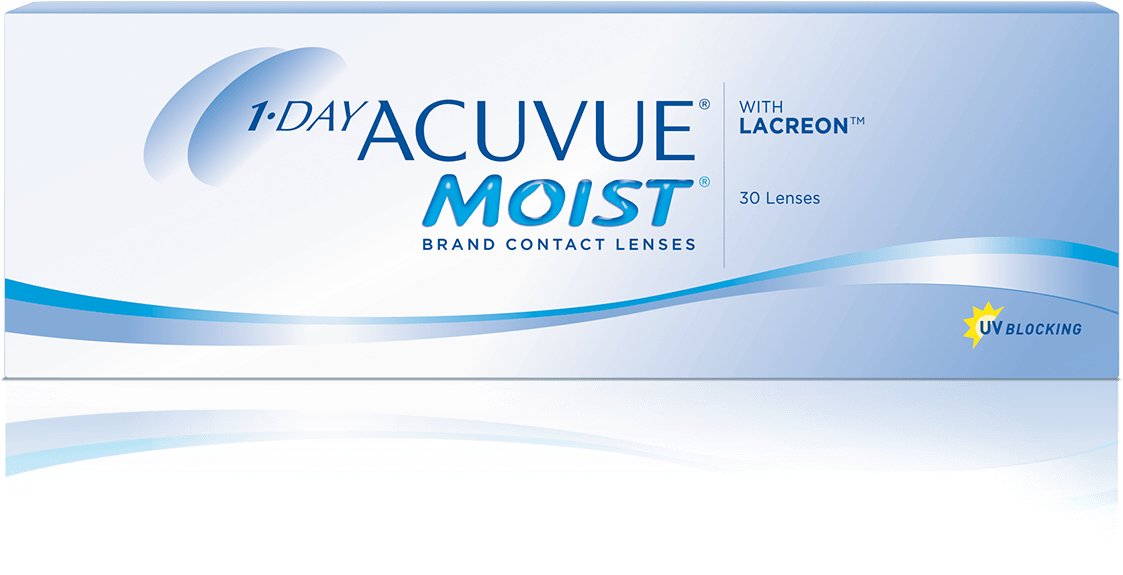 綠洲 桌布 壁紙 — 一個時尚的藍白盒子，內含30片1-day Acuvue Moist品牌隱形眼鏡，具有防紫外線功能。