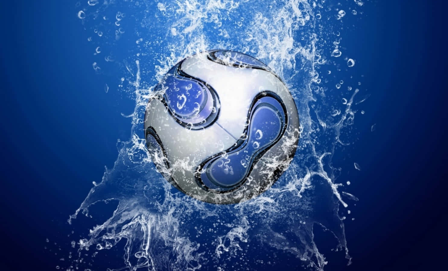 Soccer Ball 桌布 壁紙 — 一個時尚的藍白足球衝破深藍色水面，產生動態的水花和氣泡。