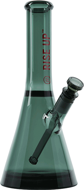 Glass Bottle 桌布 壁紙 — 一個時尚的藍綠色玻璃水煙槍，帶有 'RISE UP' 品牌標誌，孤立在純白色背景上。