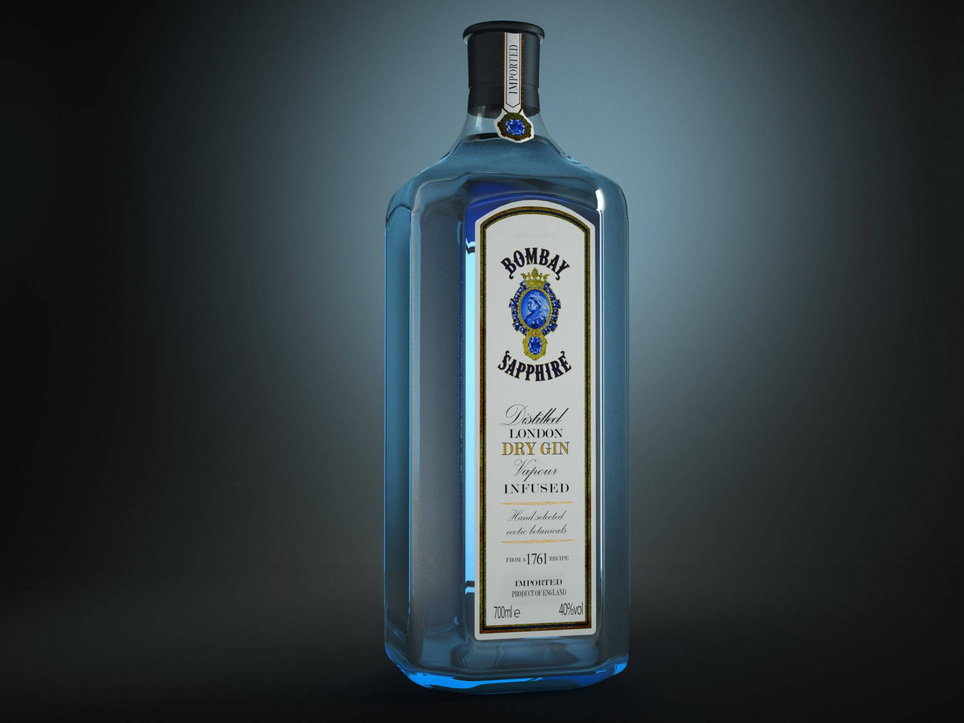 葡萄酒 桌布 壁紙 — 一個時尚的藍色 Bombay Sapphire 琴酒瓶在深色漸變背景上居中擺放，柔和的攝影棚燈光突出其標籤和玻璃輪廓。