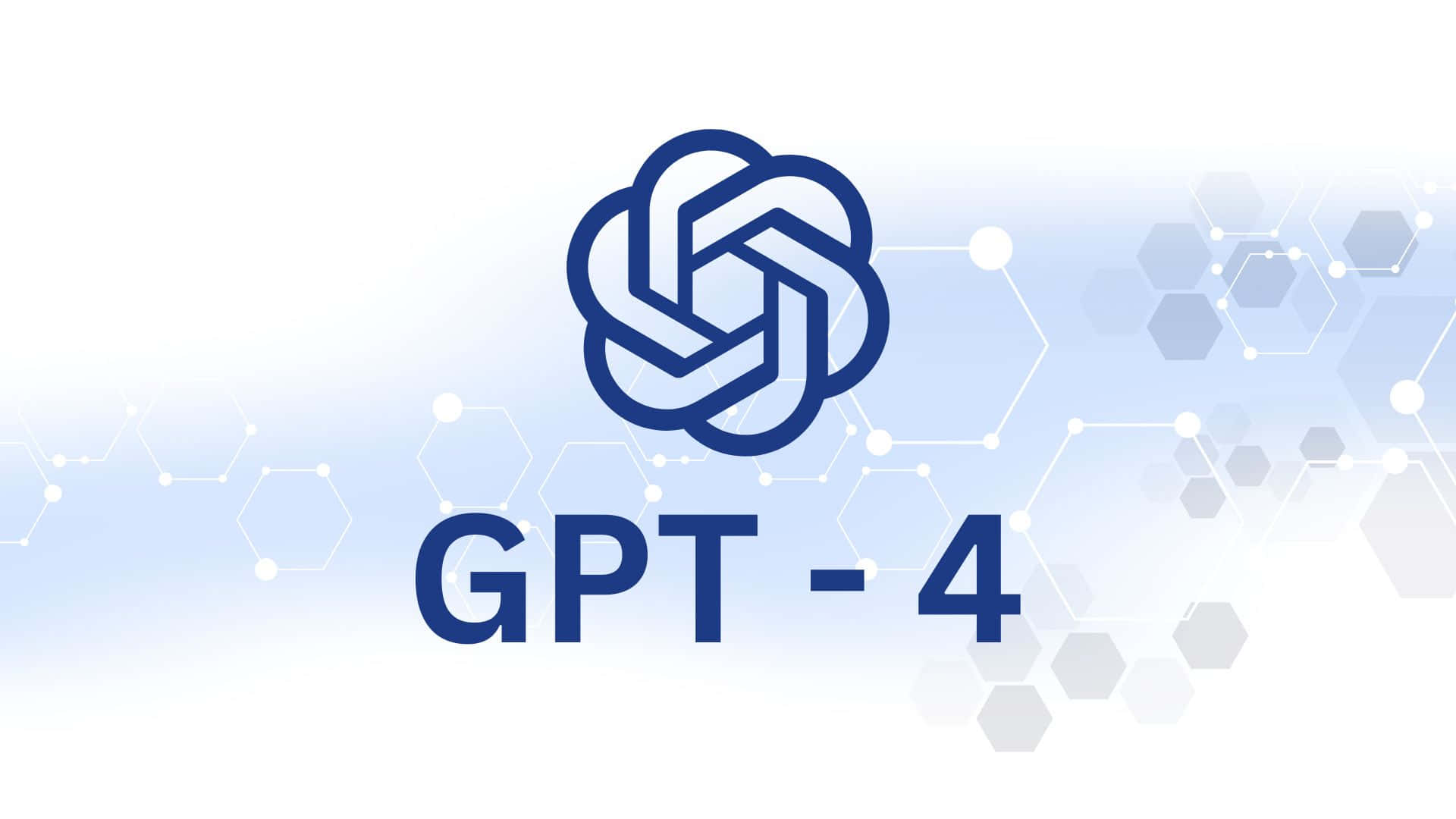 Gpt-4 桌布 壁紙 — 一個時尚的藍色 GPT-4 標誌，帶有互鎖環圈，漂浮在帶有微弱六邊形網絡圖案的柔和漸變背景上。