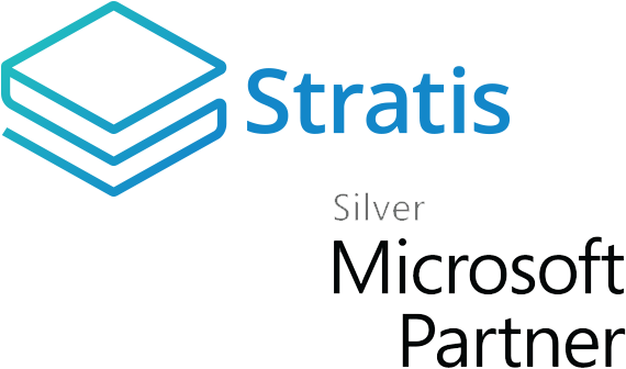 microsoft 桌布 壁紙 — 一個時尚的藍色 Stratis 標誌，採用堆疊立方體設計，並在黑色背景上配有銀色 Microsoft Partner 文字。