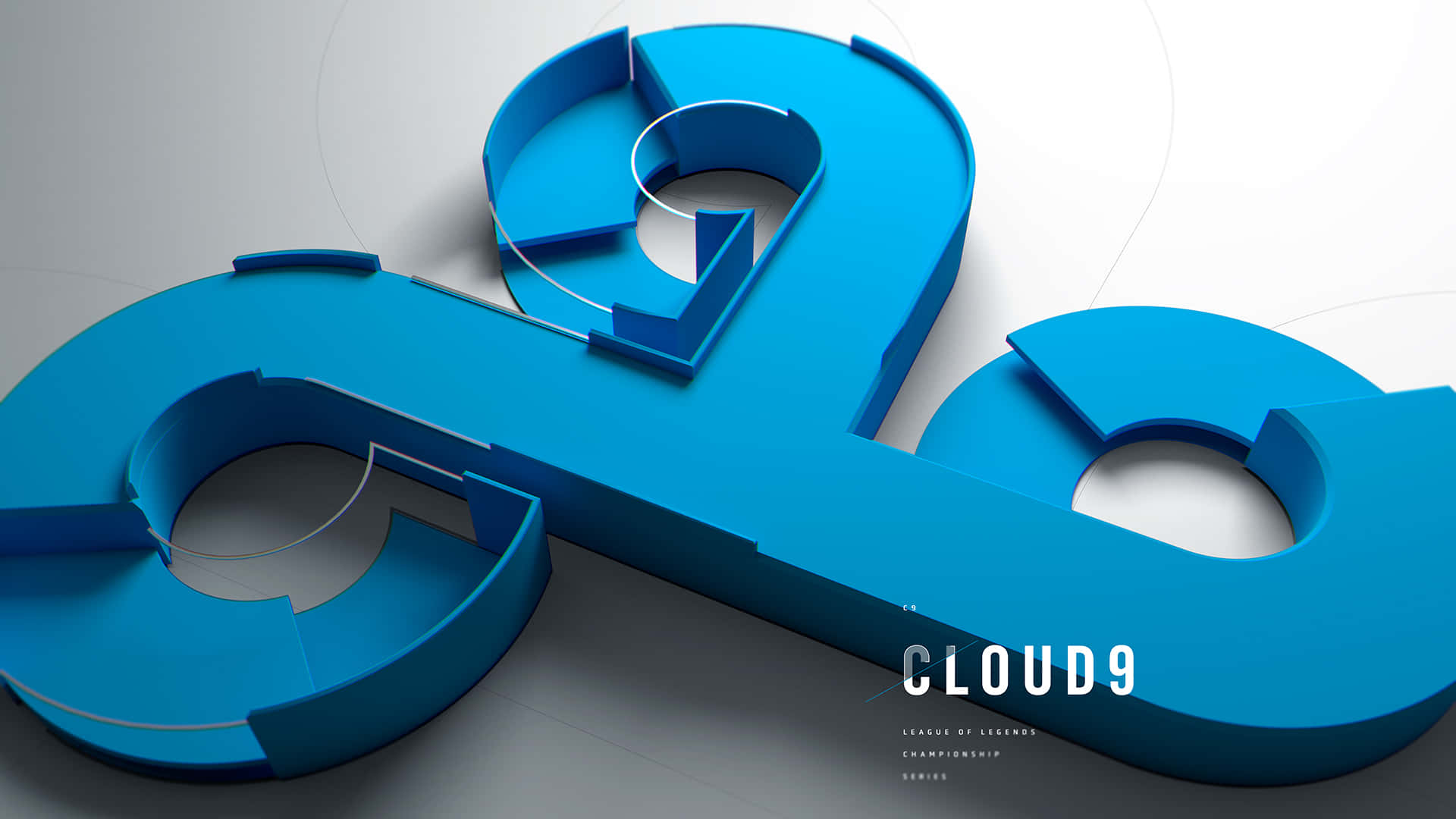 桌布 壁紙 — 一個時尚的藍色3D Cloud9標誌，帶有幾何鏤空，放置在簡約的白色表面上。