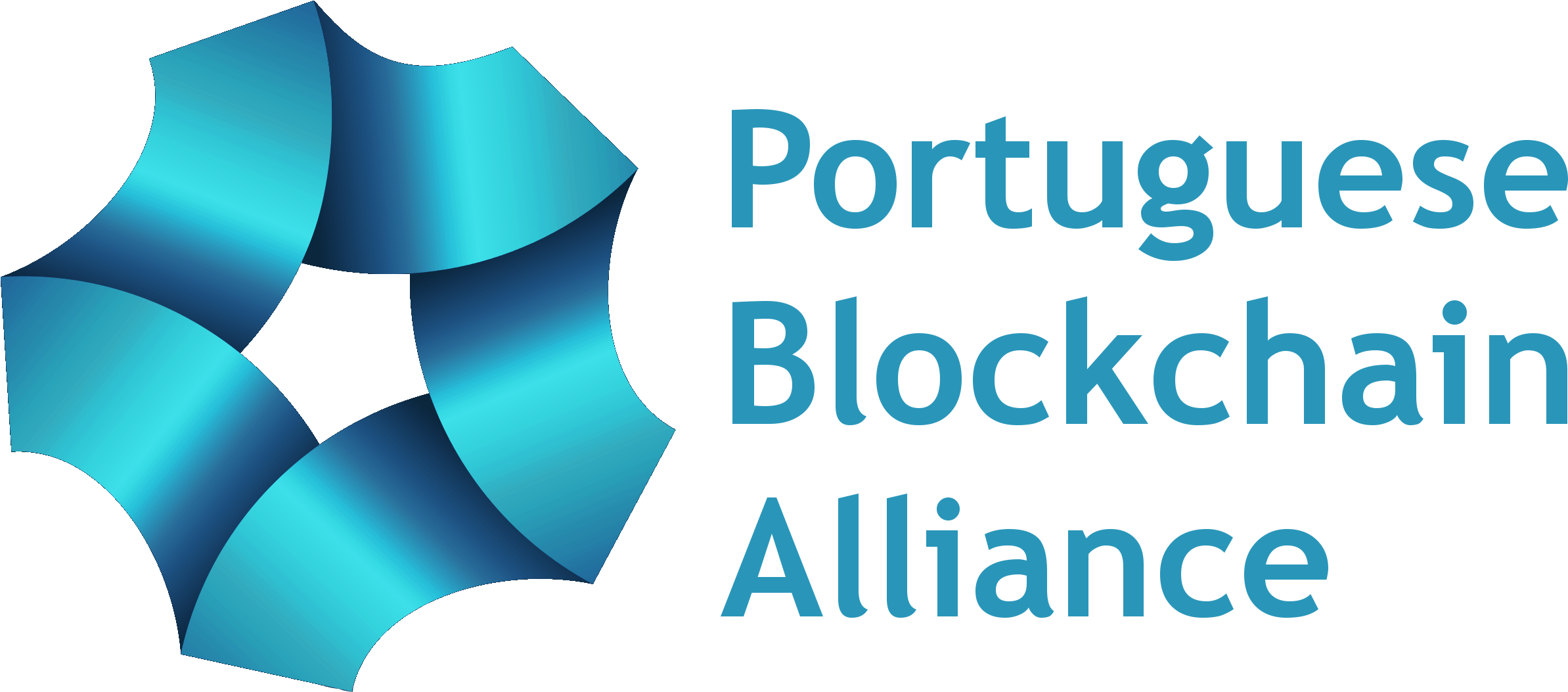 Logo Design 桌布 壁紙 — 一個時尚的藍色幾何標誌，上面有文字 Portuguese Blockchain Alliance，背景為黑色。