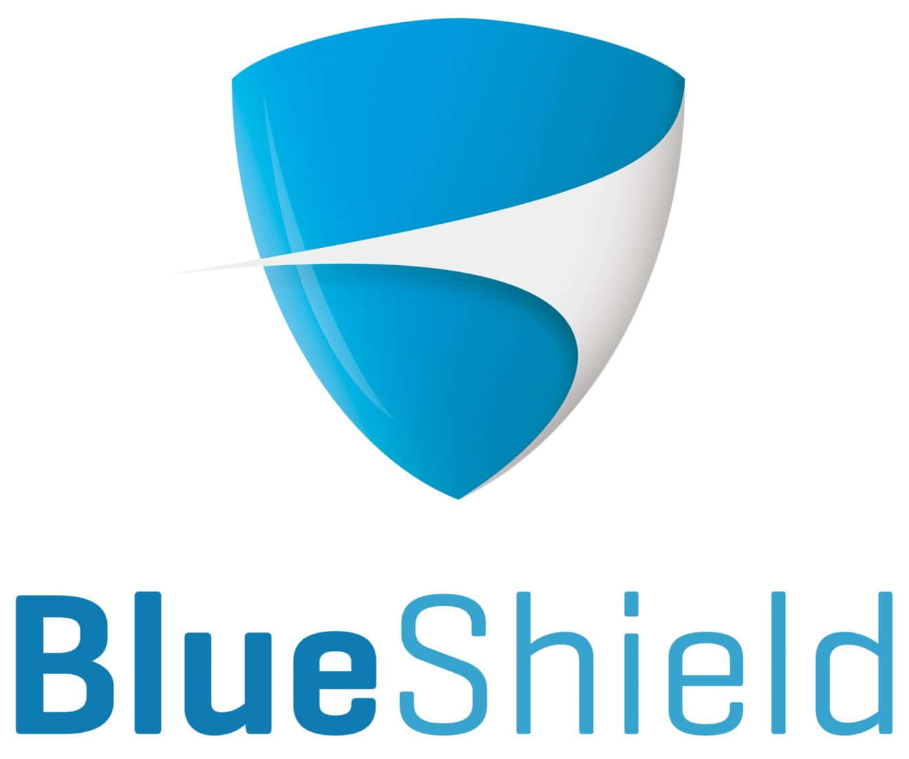 Blue Shield 桌布 壁紙 — 一個時尚的藍色盾牌標誌，帶有白色旋風和下方「BlueShield」文字，背景為白色。