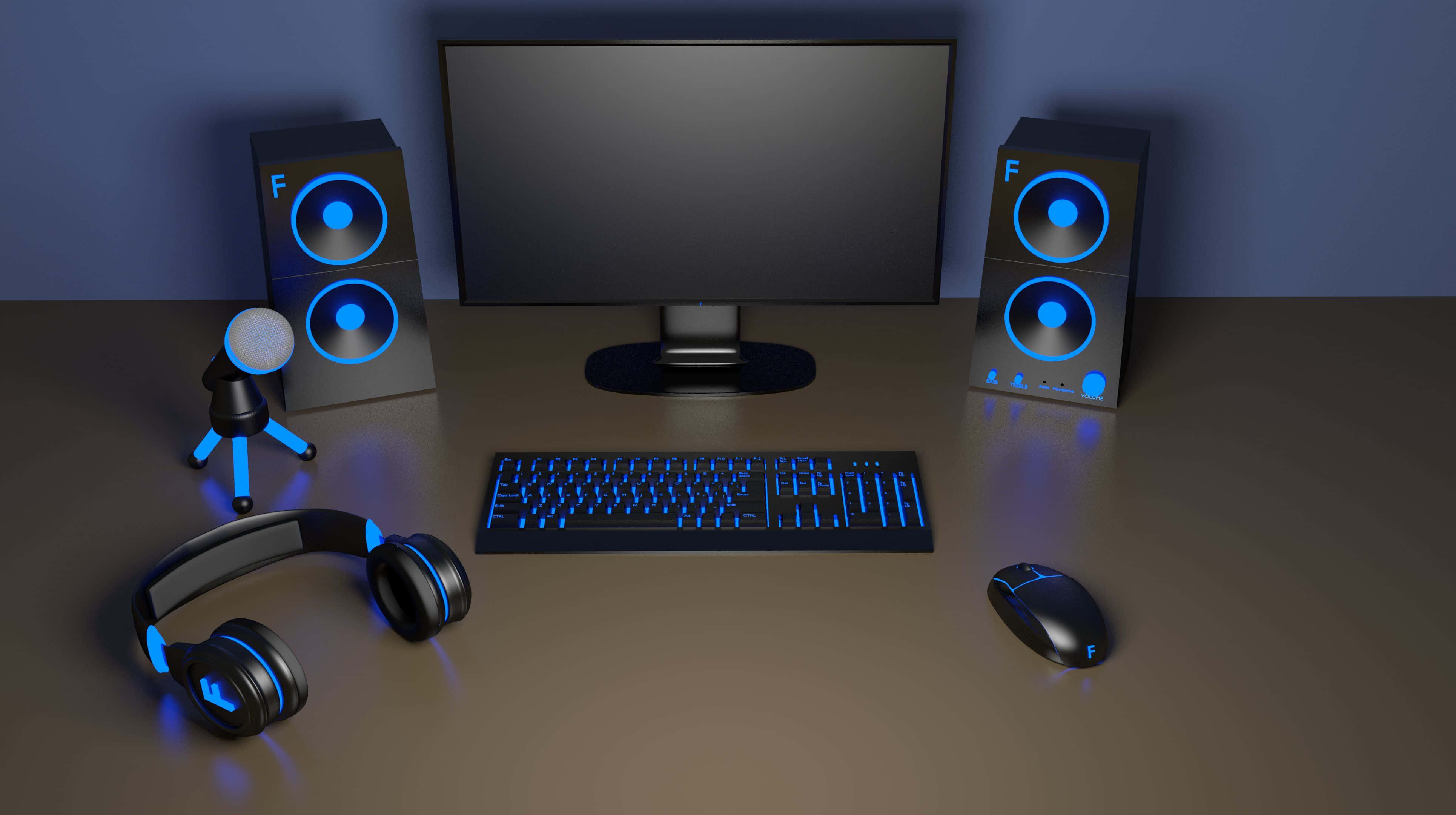 Gaming Setup 桌布 壁紙 — 一個時尚的遊戲設置，在柔和環境燈光下，深色桌子上有發藍光的外圍設備。