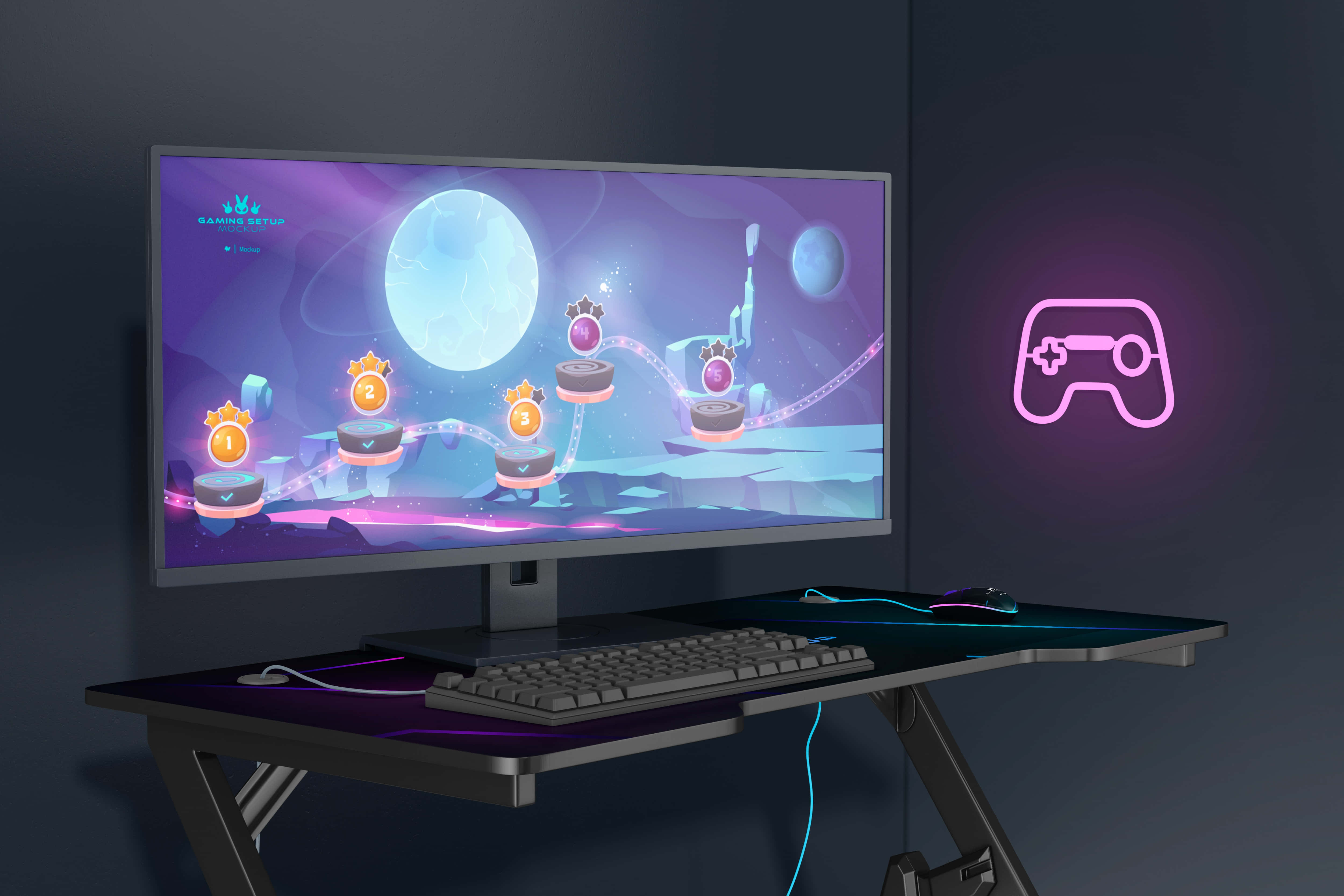 Gaming Pc Setup 桌布 壁紙 — 一個時尚的遊戲設置，顯示器在霓虹粉紅色控制器燈光下顯示充滿活力的宇宙平台遊戲。
