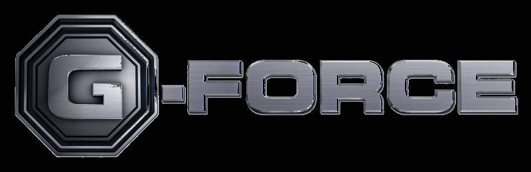 g 桌布 壁紙 — 一個時尚的金屬G-FORCE標誌，採用拉絲銀色字體和八角形徽章，背景為黑色。