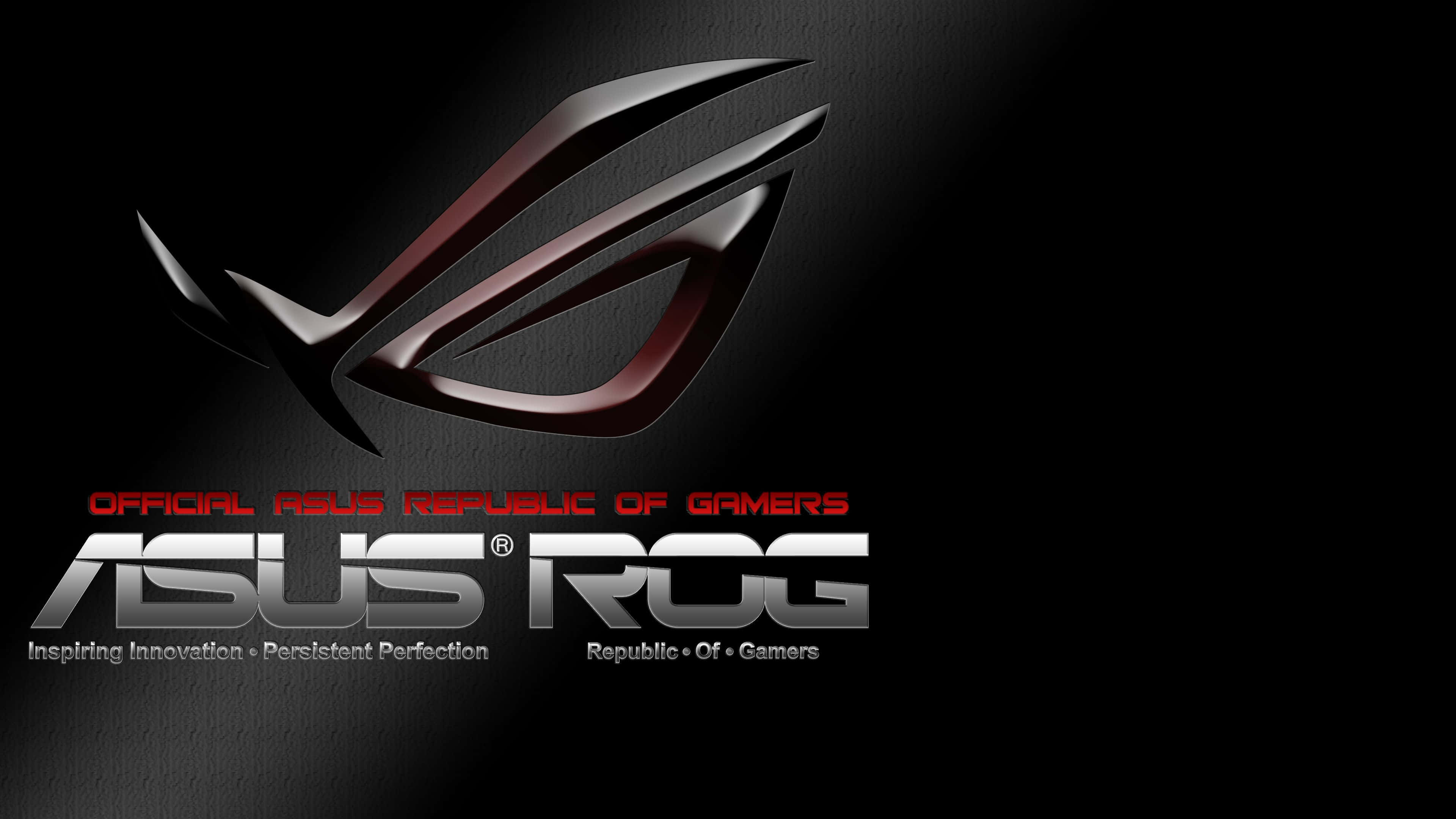 華碩 ROG 桌布 壁紙 — 一個時尚的金屬ROG標誌在深色紋理背景上以紅色點綴發光，並帶有粗體品牌文字。