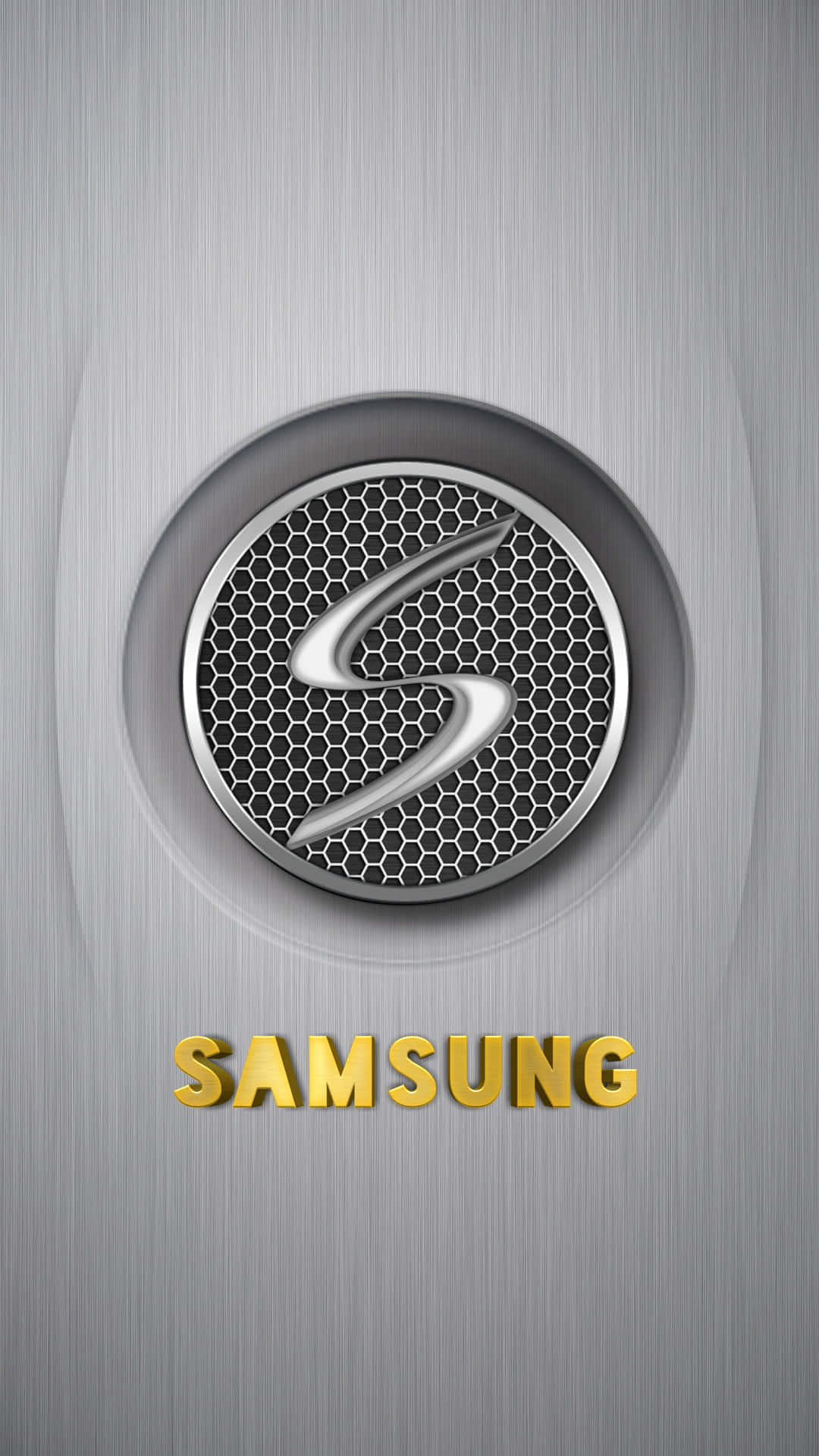 Galaxy S 桌布 壁紙 — 一個時尚的金屬三星標誌，帶有六角形格柵和金色文字，背景為拉絲鋼。