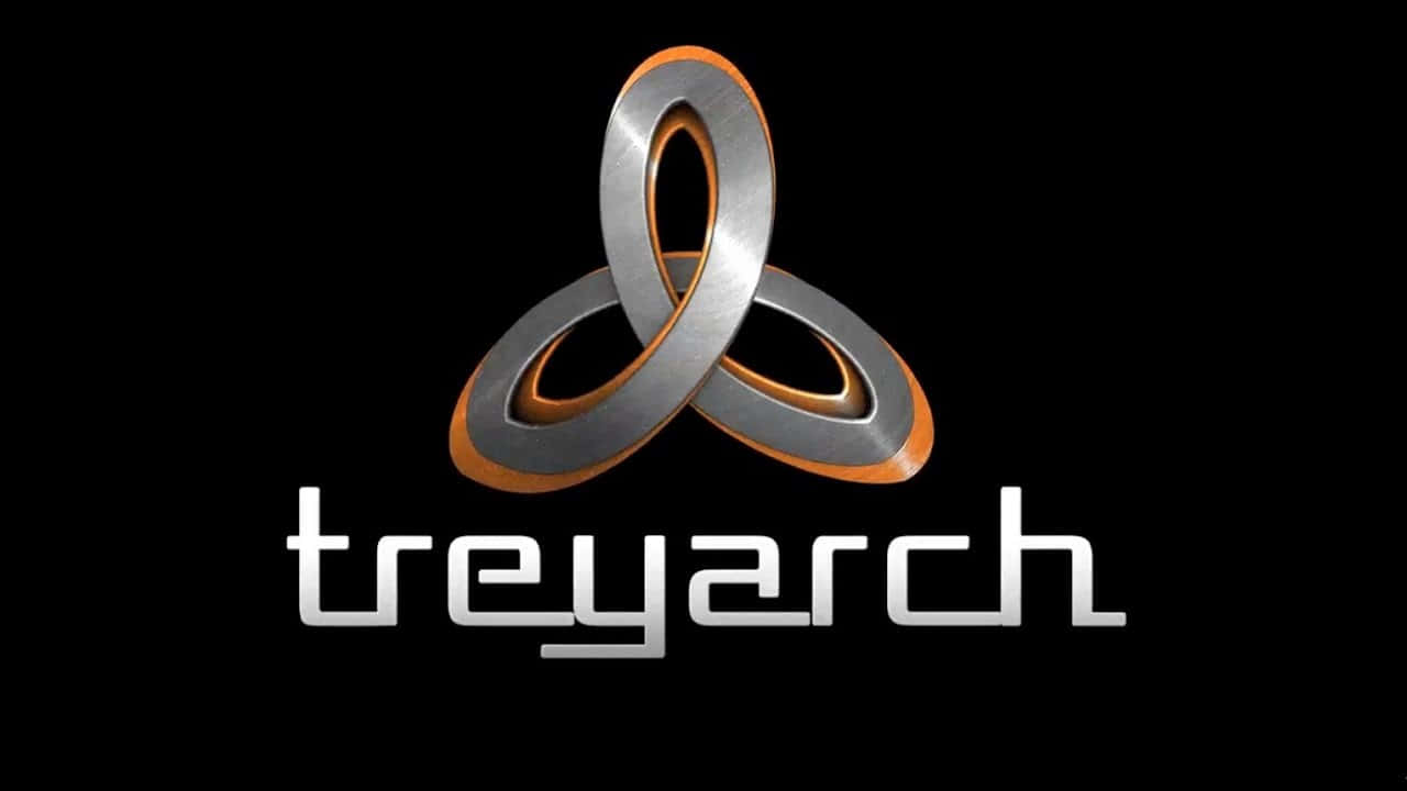 Treyarch 桌布 壁紙 — 一個時尚的金屬三曲腿圖標誌，帶有橙色內緣和銀色外表面，置於黑色背景上，下方有「treyarch」字樣。