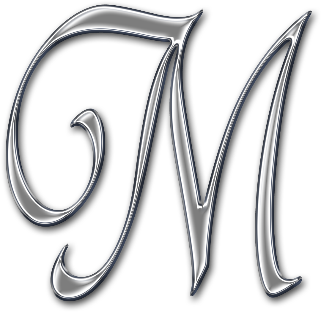 字母M 桌布 壁紙 — 一個時尚的金屬字母M，帶有光澤高光和深色陰影，在純黑色背景上脫穎而出。