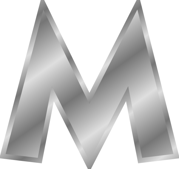 字母M 桌布 壁紙 — 一個時尚的金屬字母M，帶有拉絲銀色飾面和銳利的幾何邊緣，置於白色背景上。