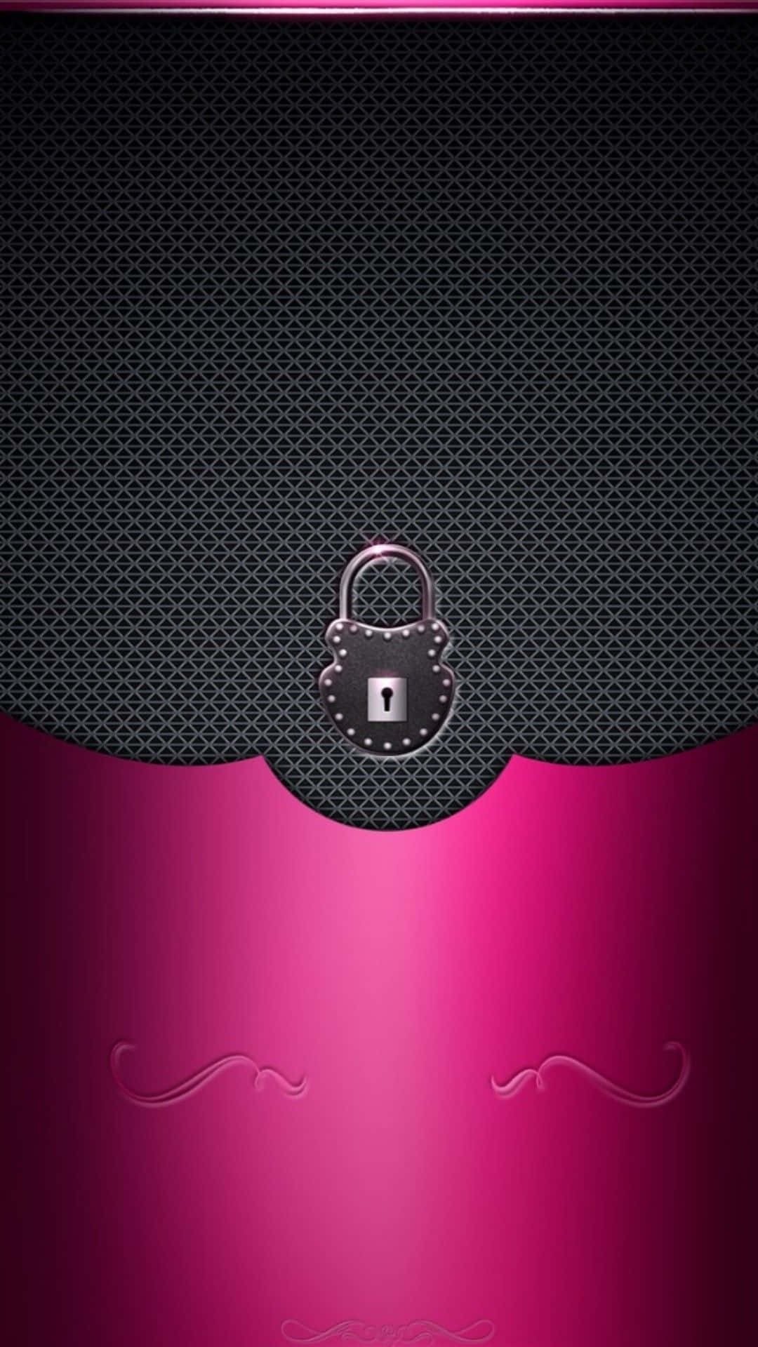 Black And Pink 桌布 壁紙 — 一個時尚的金屬掛鎖置於黑色紋理背景中央，上方是充滿活力的粉紅色漸變和裝飾性漩渦。