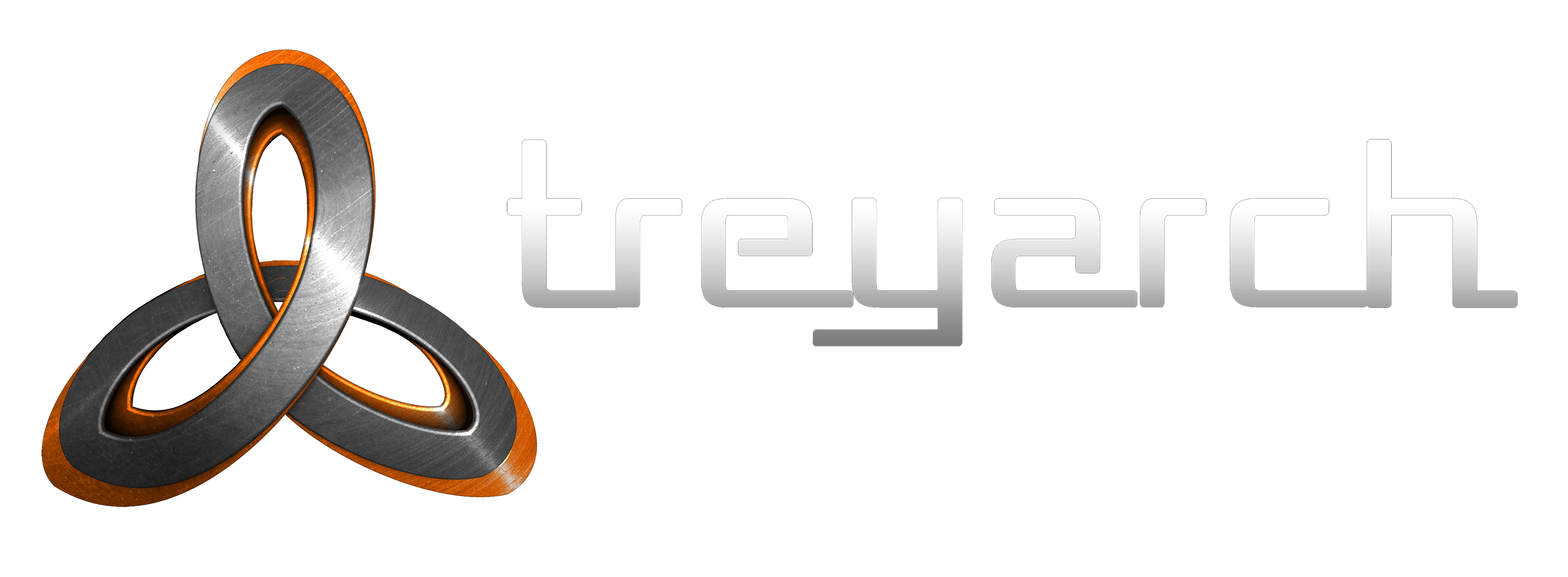 Treyarch 桌布 壁紙 — 一個時尚的金屬標誌，帶有互鎖環和橙色點綴，旁邊是銀色漸變字體的「treyarch」字樣。
