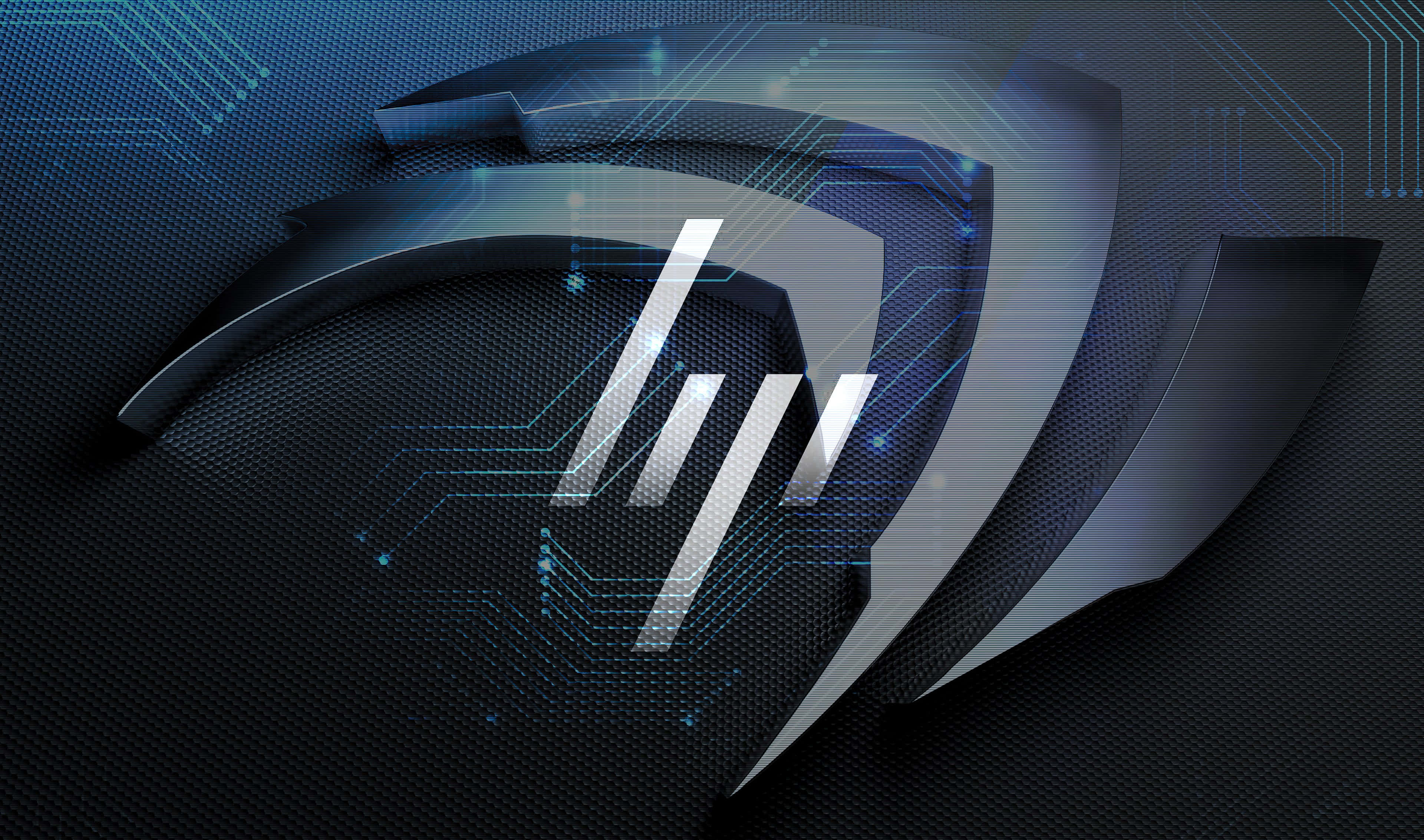 Nvidia 4K UHD 桌布 壁紙 — 一個時尚的金屬標誌，帶有發光的藍色電路線條，置於深色紋理背景上。