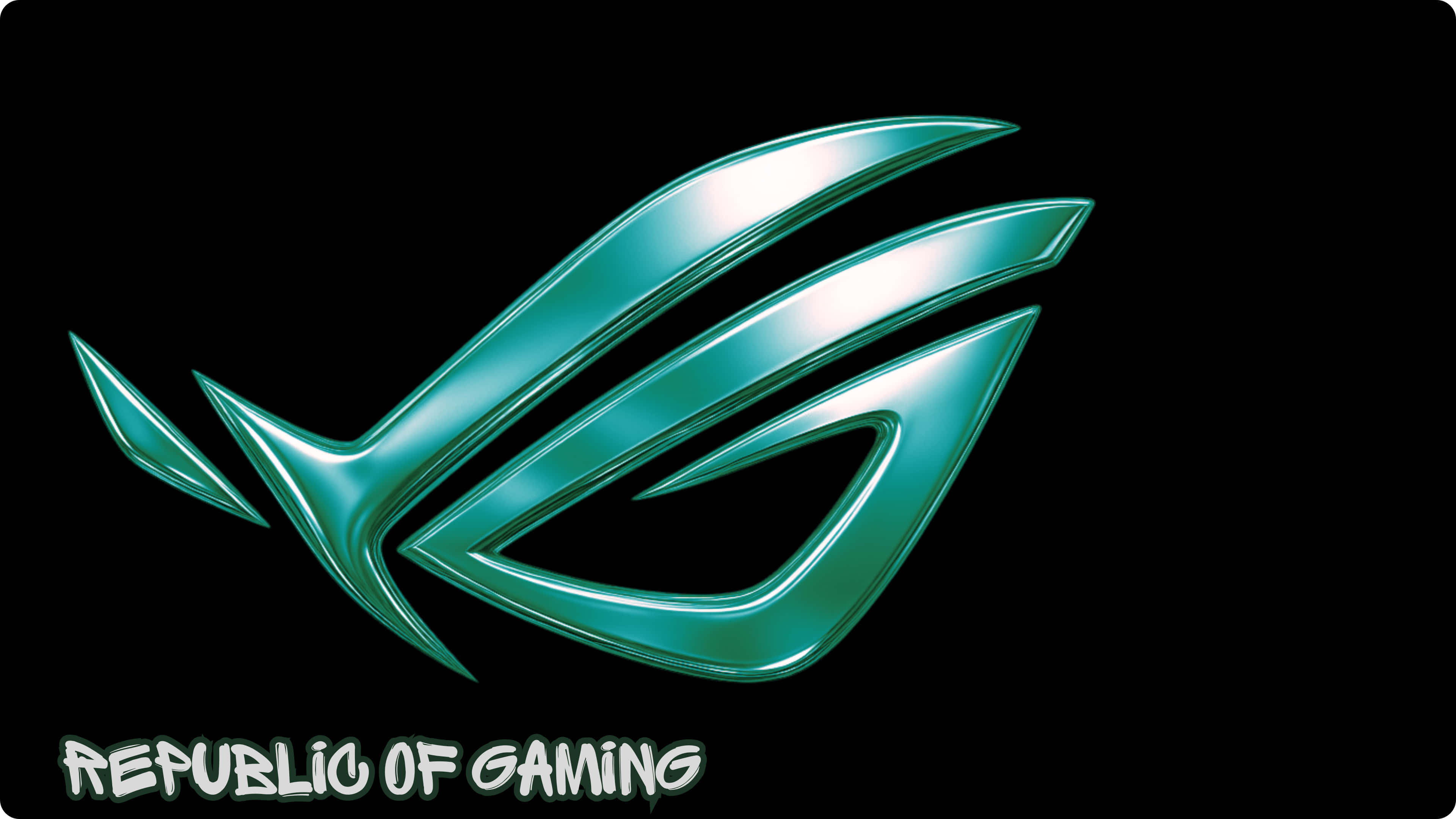 Gaming Art 桌布 壁紙 — 一個時尚的金屬青色 ROG 標誌，帶有尖銳的角形翅膀，在純黑色背景上發光。