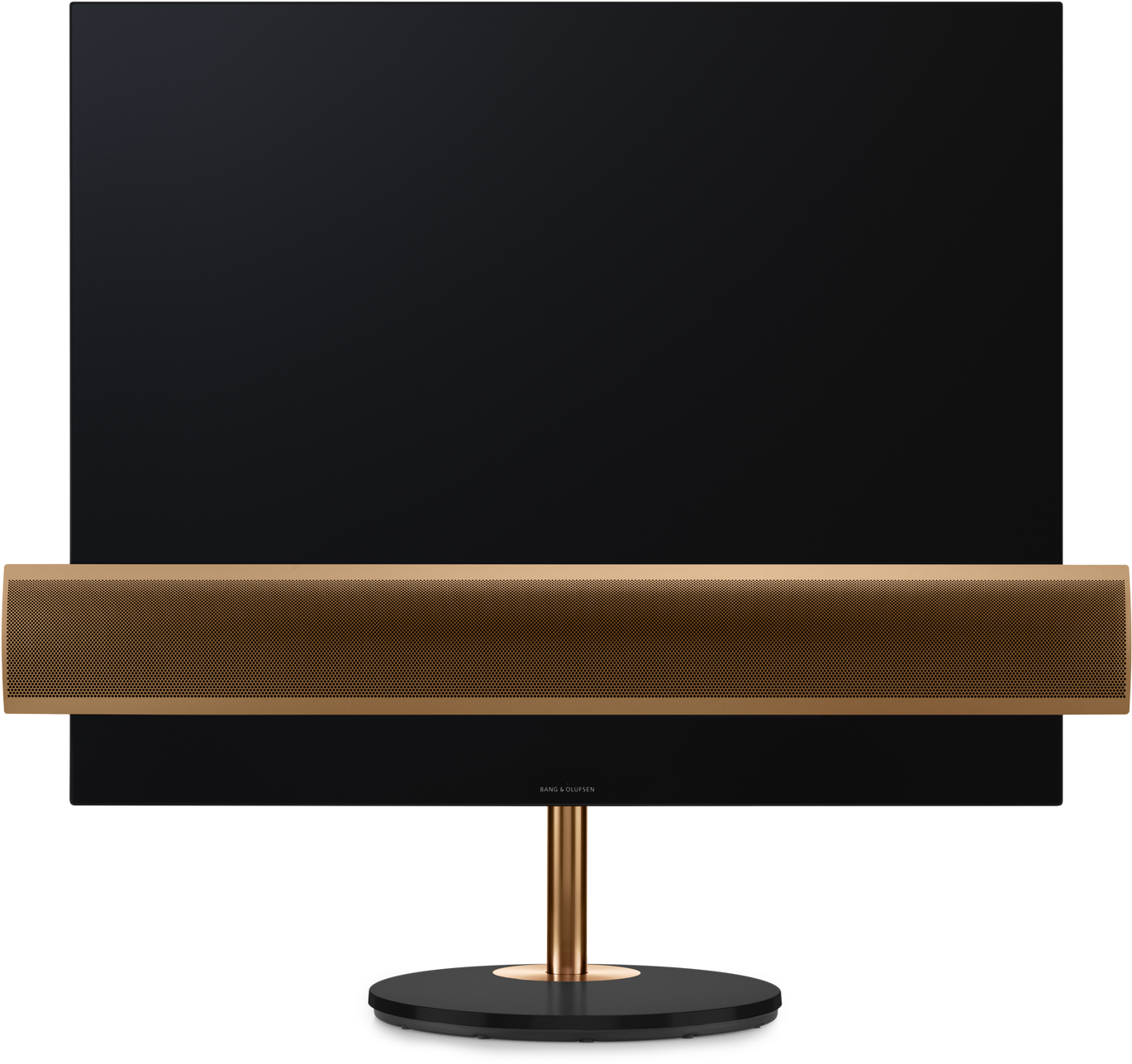 復古 桌布 壁紙 — 一個時尚的金色 soundbar 居中放置在黑色顯示器下方，放在相配的金色支架上，背景為深色。