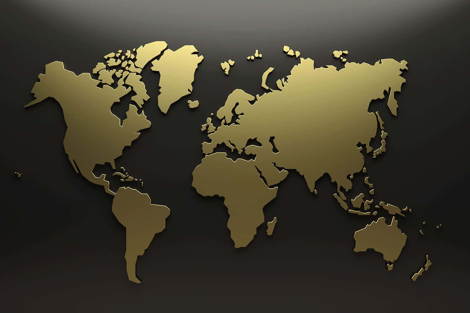 Map 桌布 壁紙 — 一個時尚的金色3D世界地圖，大陸在深色漸變背景上投射出柔和陰影。