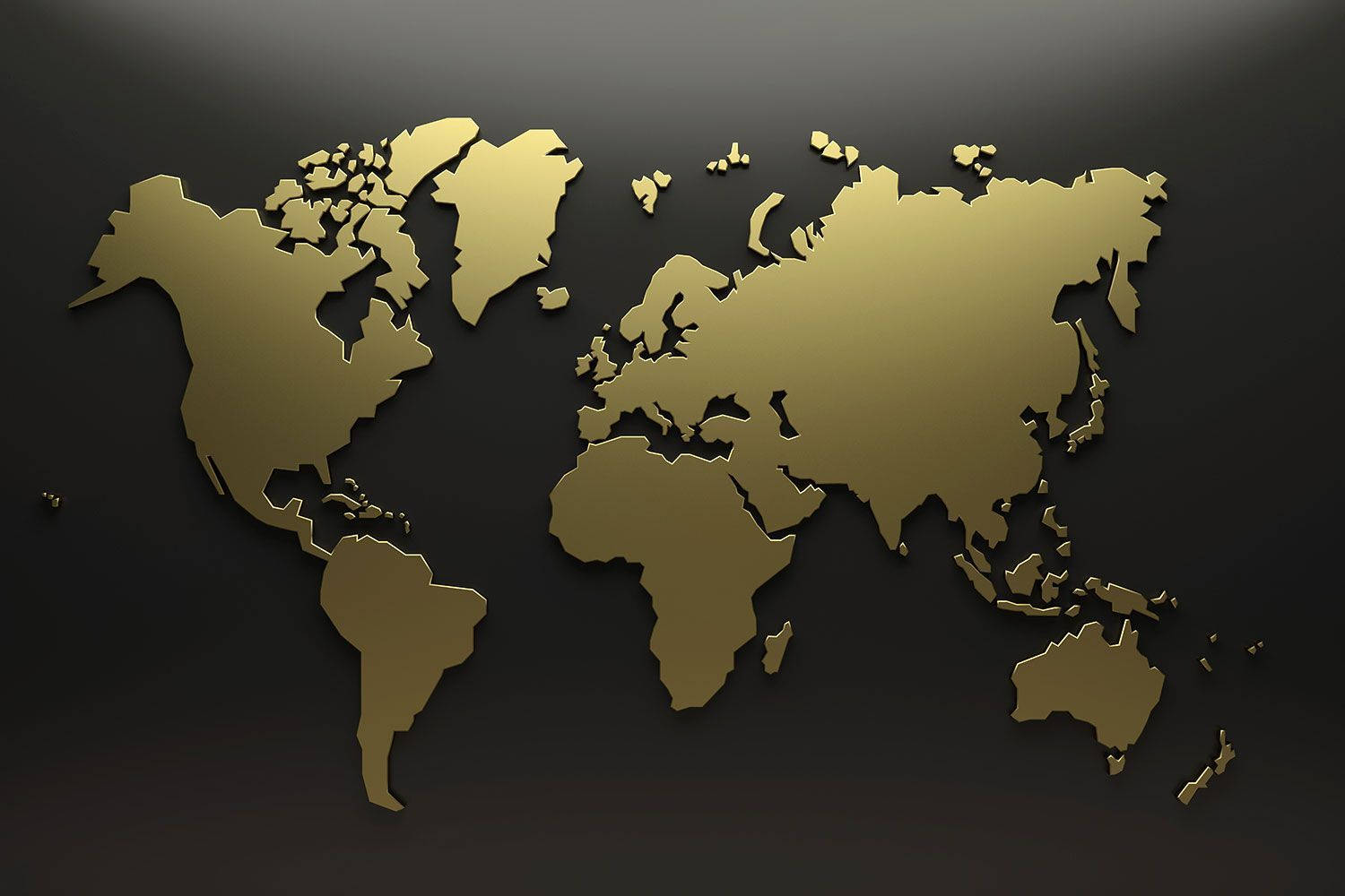 World 桌布 壁紙 — 一個時尚的金色3D世界地圖剪影在帶有柔和照明的深色漸變背景上脫穎而出。