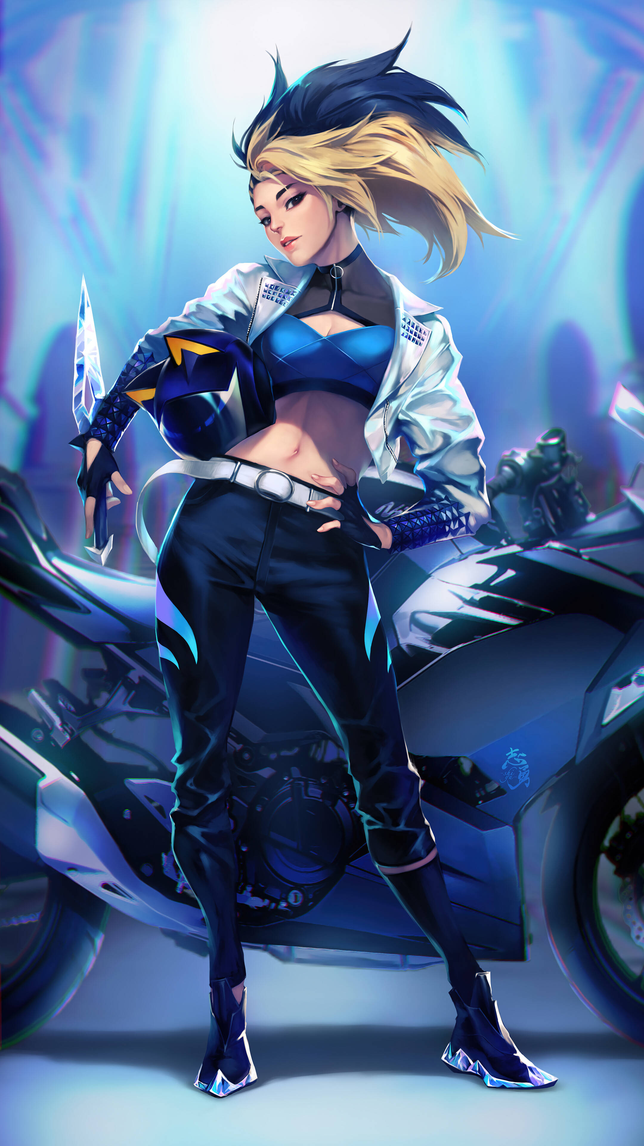 Kda 桌布 壁紙 — 一個時尚的金髮動漫女孩自信地靠在一輛發光的霓虹燈下的未來主義藍色摩托車上。